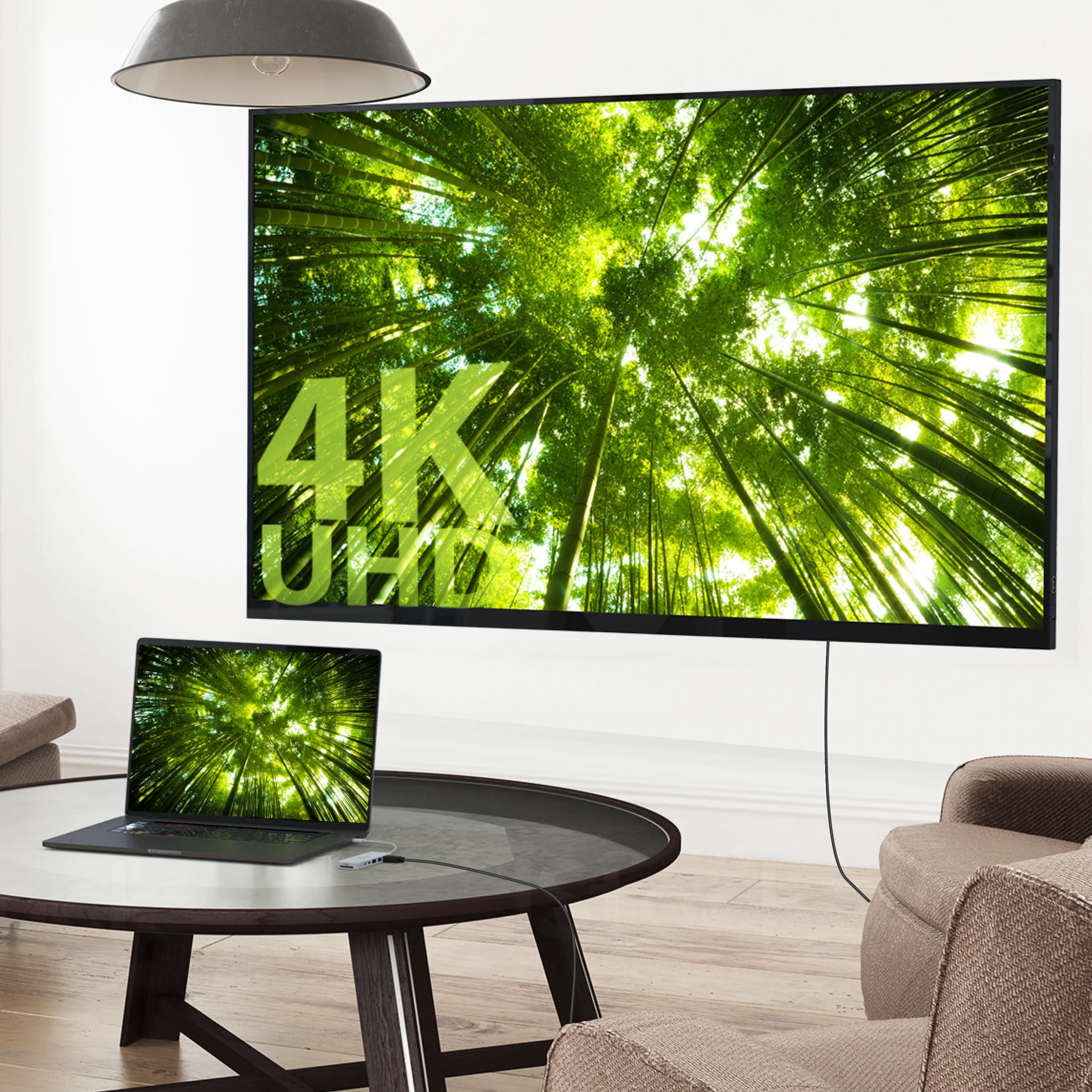 Nappali nagy TV-vel és laptop-pal, erdei képpel. Asztal, székek és egy lámpa is látható.
