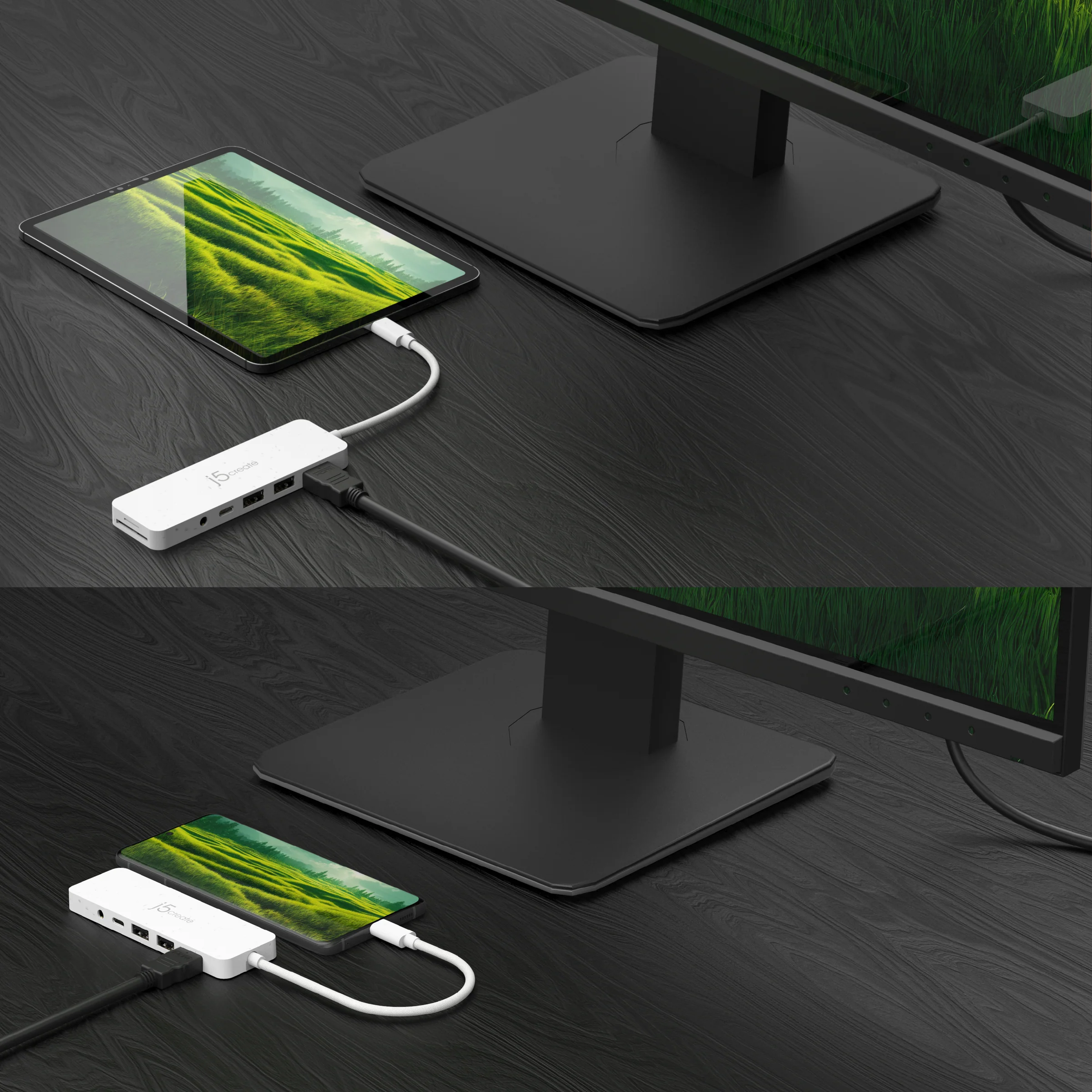 Táblagép csatlakoztatva egy fehér USB-elosztóhoz, monitorhoz és sötét fa asztalhoz.