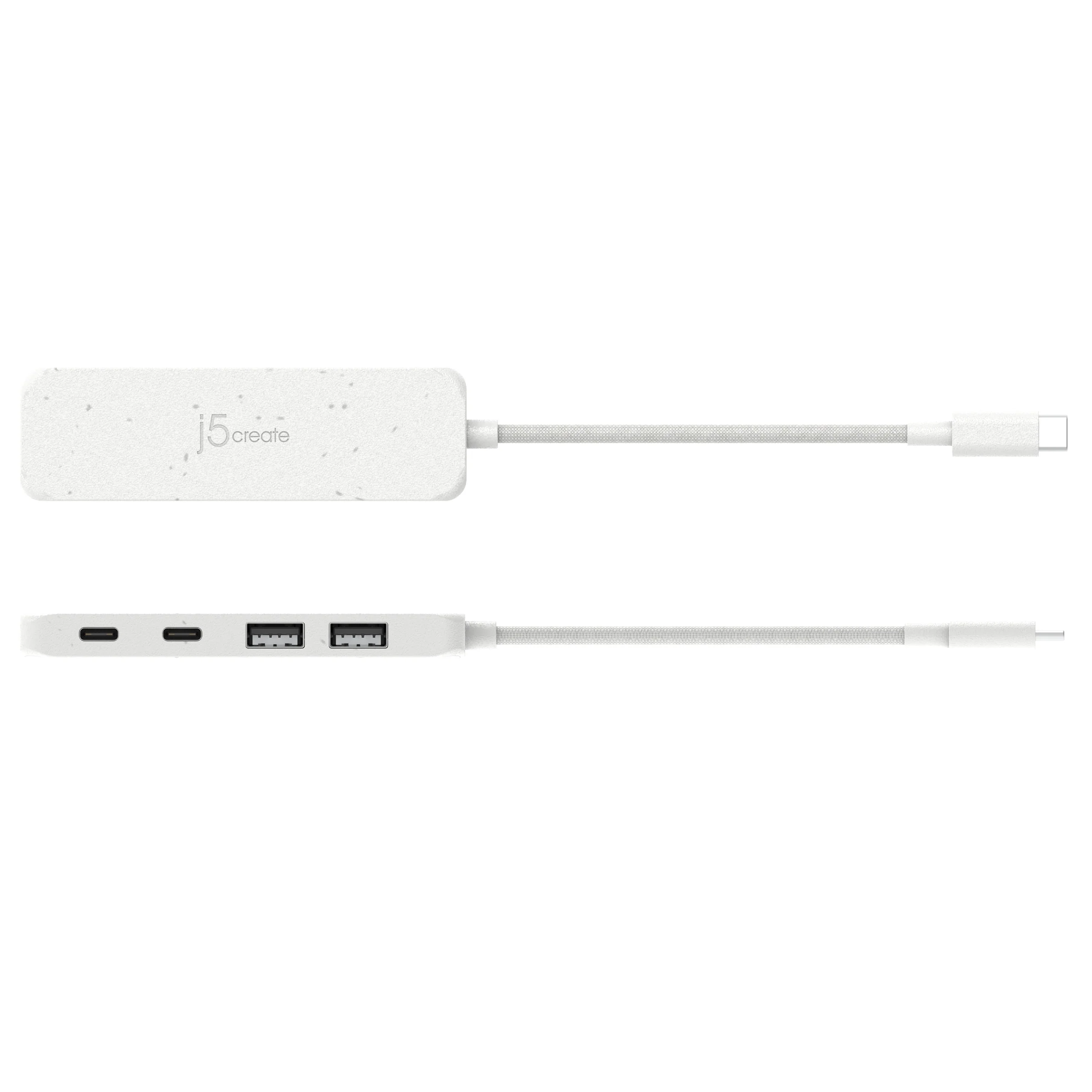 Fehér USB hub több porttal. USB-C kábele van, és j5create felirattal van ellátva. Fehér felületen fekszik.