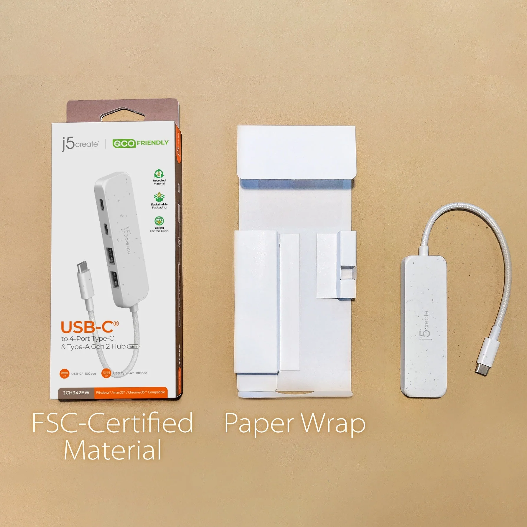 Egy fehér USB-C hub a csomagolásával és papírcsomagolásával világosbarna felületen. A szöveg tartalmazza az 'Eco Friendly' feliratot.