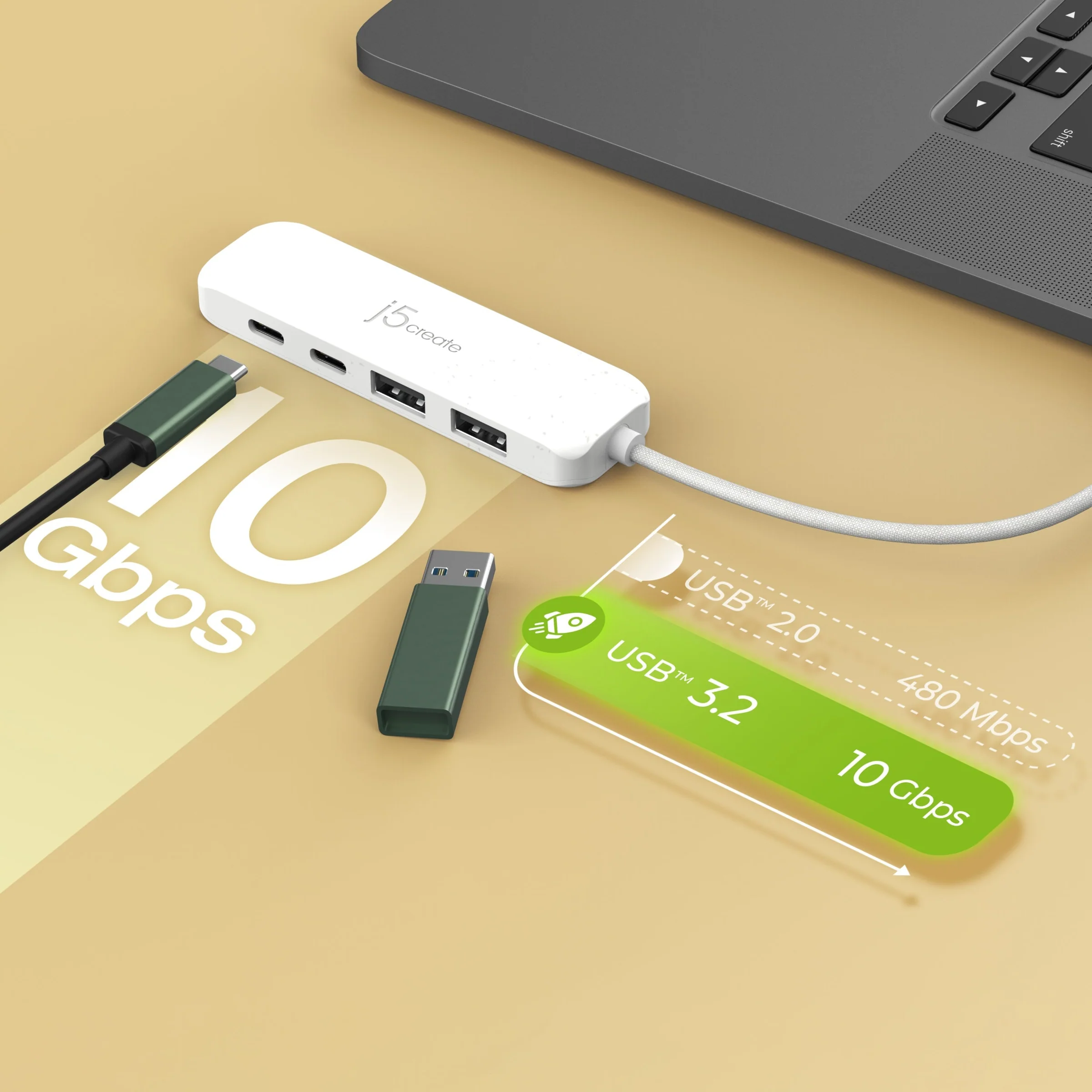 Egy fehér USB hub csatlakoztatott laptoppal és USB-eszközökkel. Egy zöld USB-meghajtó és kábel is látható.