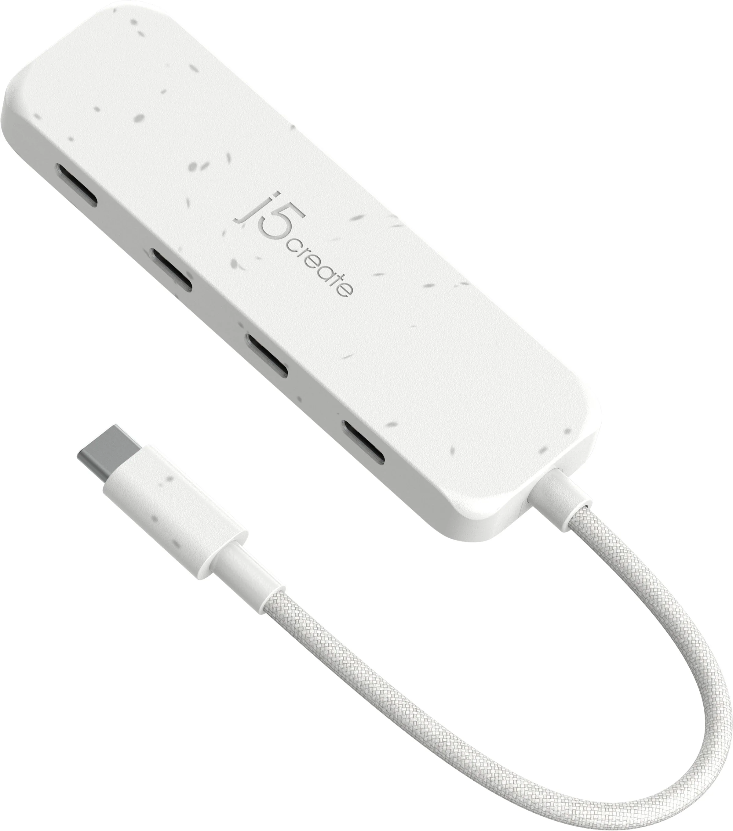 Fehér USB-C hub kábel. A hub több porttal rendelkezik, a kábel egy USB-C csatlakozóhoz csatlakozik.