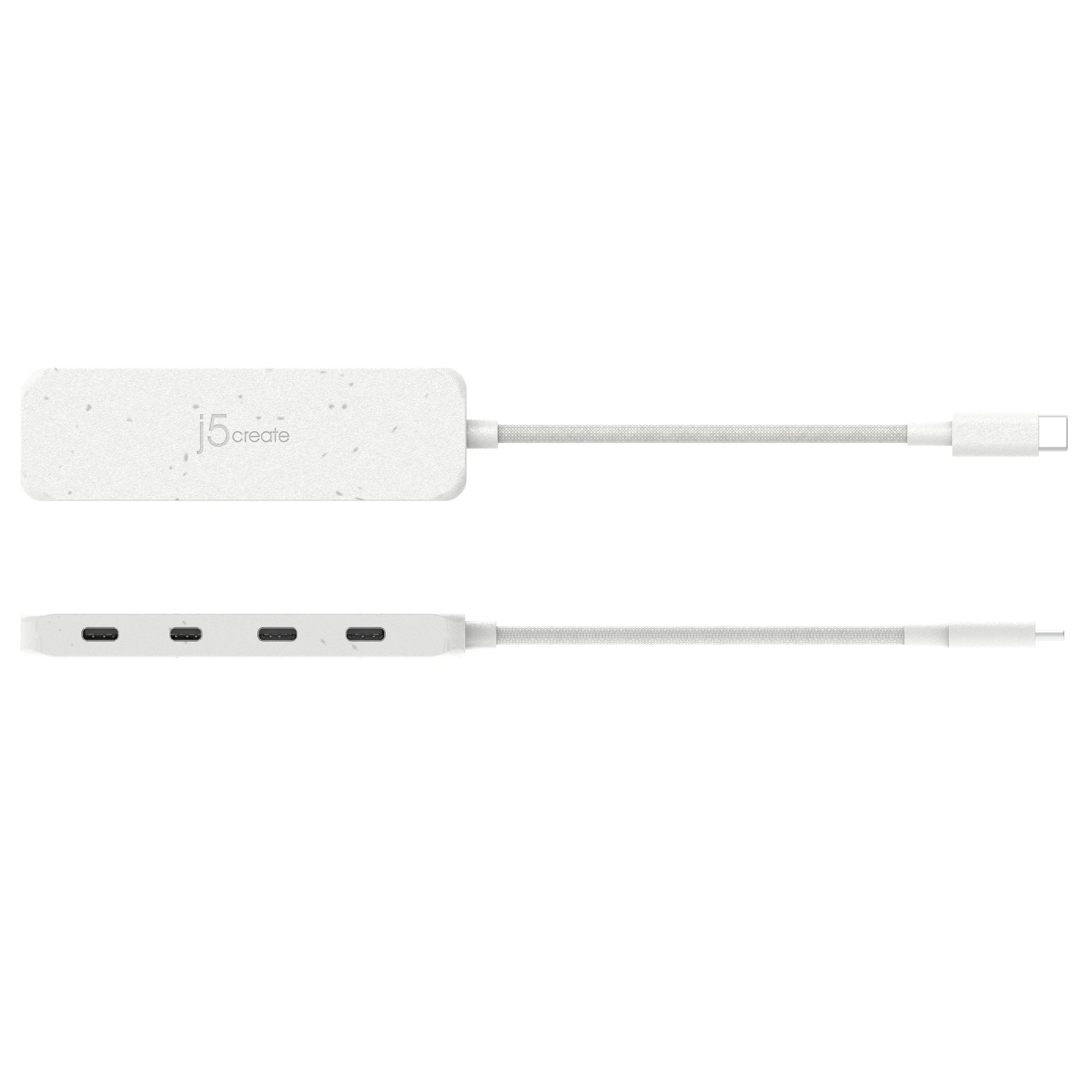 Fehér j5create USB-C hub több porttal, USB-C kábellel. Felülnézet és alulnézet.