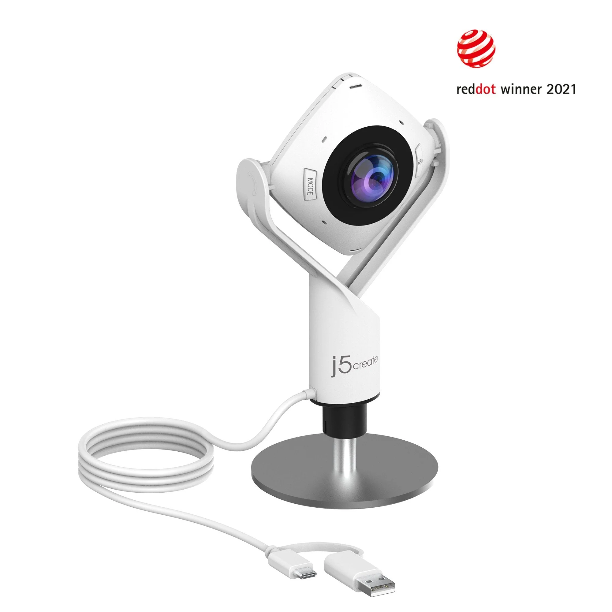 Fehér webkamera fekete lencsével, állványon. Látható a Reddot winner 2021 logó.