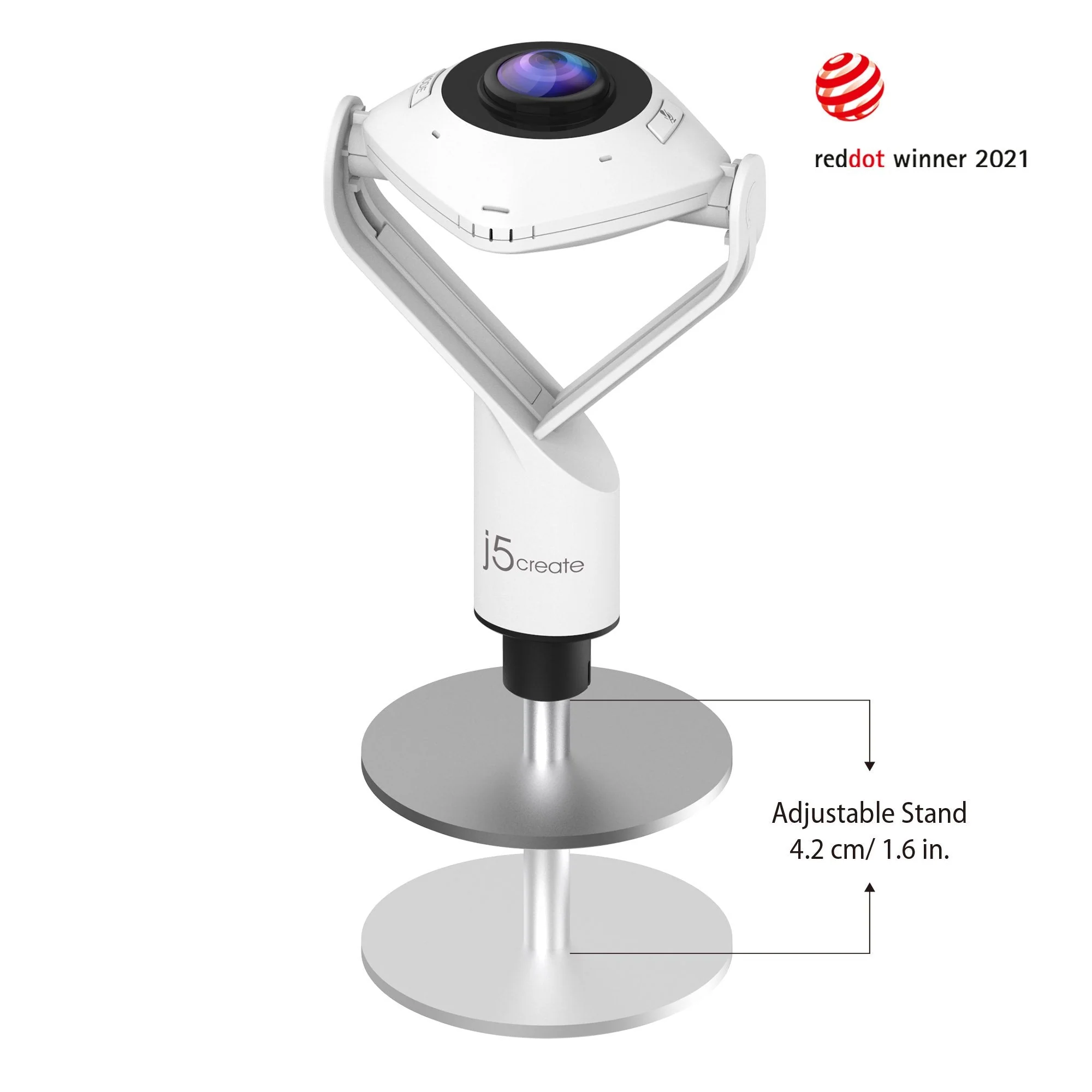 Fehér kamera fekete lencsével, állítható állványon. Jobbra a Reddot winner 2021 logó.