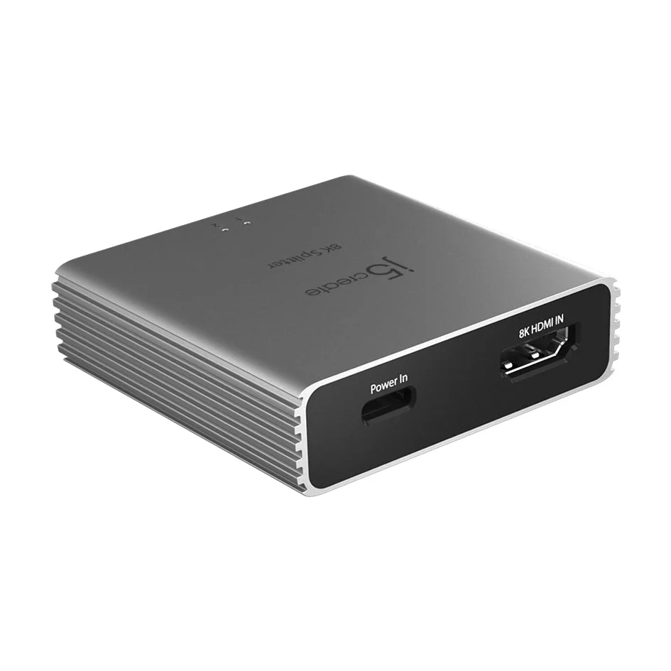 Ezüst HDMI elosztó 'i5create' logóval, '8K splitter' felirattal, táp- és HDMI bemeneti portokkal.