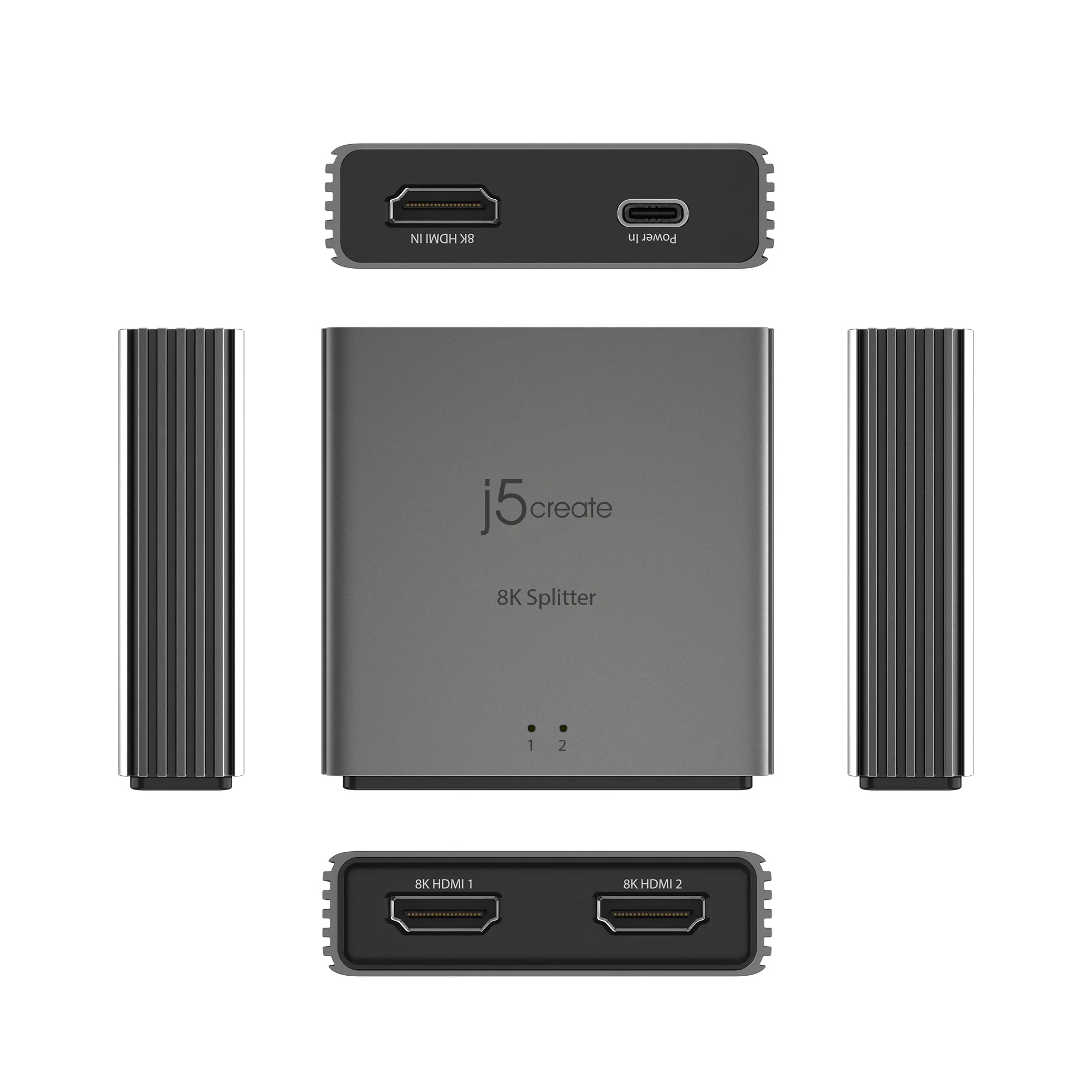Egy szürke 8K HDMI elosztó a j5create-től. 8K HDMI IN, Power In, 8K HDMI 1 és 8K HDMI 2 feliratú portokkal rendelkezik.