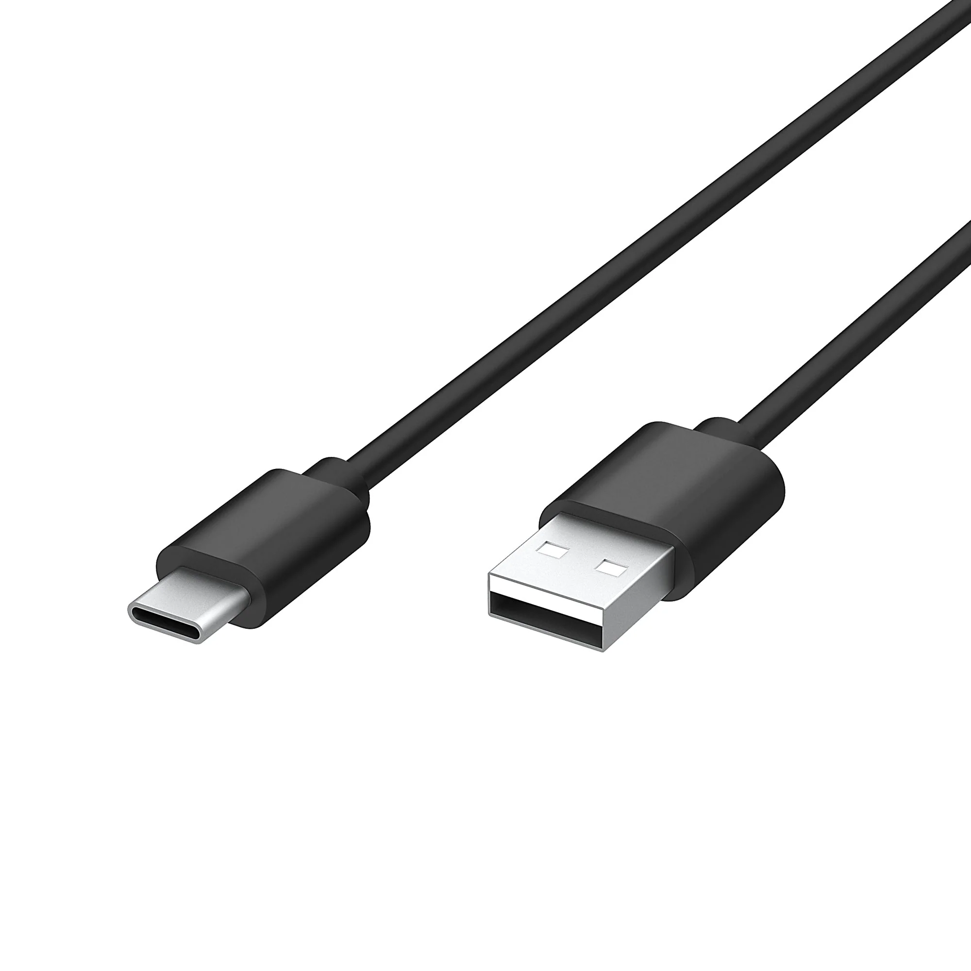 Fekete USB-C-USB-A kábel fehér háttérrel. A csatlakozók feketék, a háttér fehér.