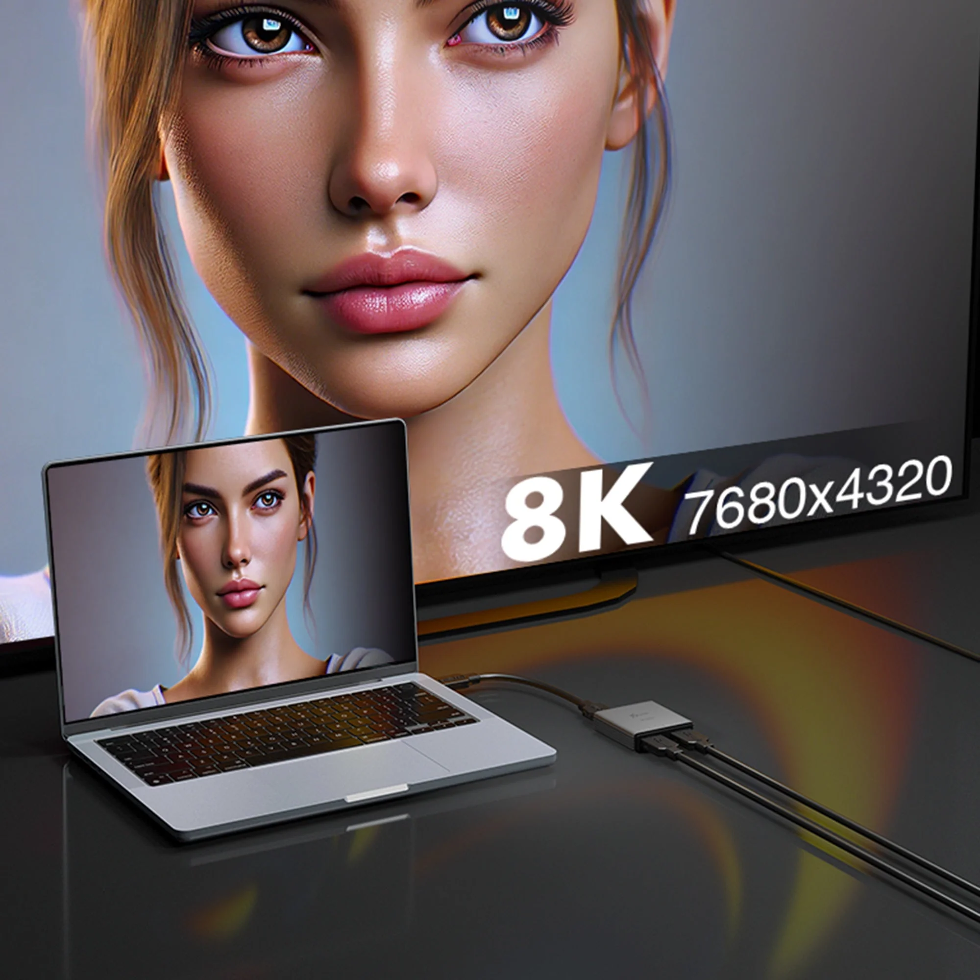 Egy nő arca egy laptop képernyőjén látható, mögötte ugyanannak a nőnek egy nagyobb képe. 8K jelenik meg.