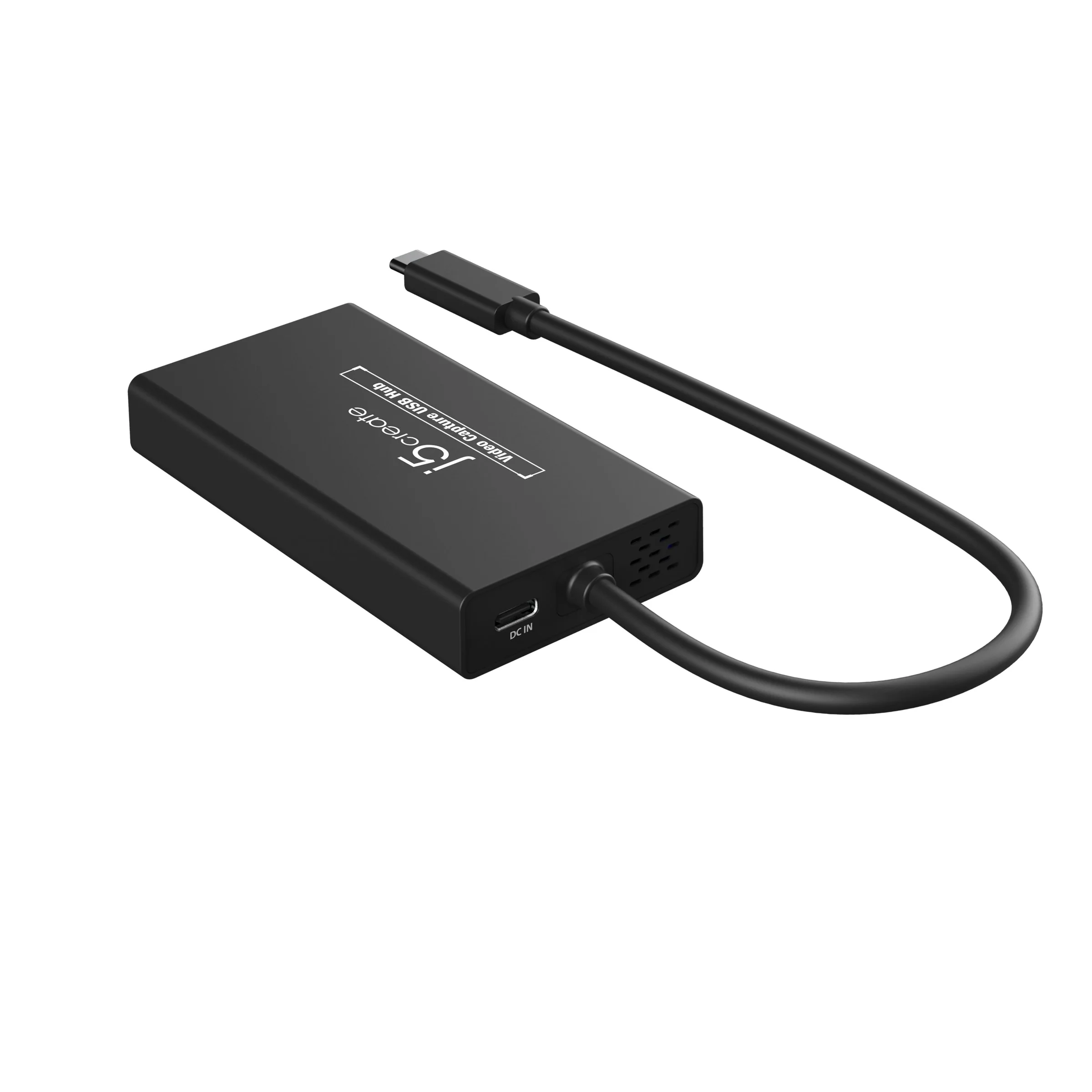 Fekete videó rögzítő USB hub, csatlakoztatott kábellel. A hubon a 'j5create' márkanév látható.
