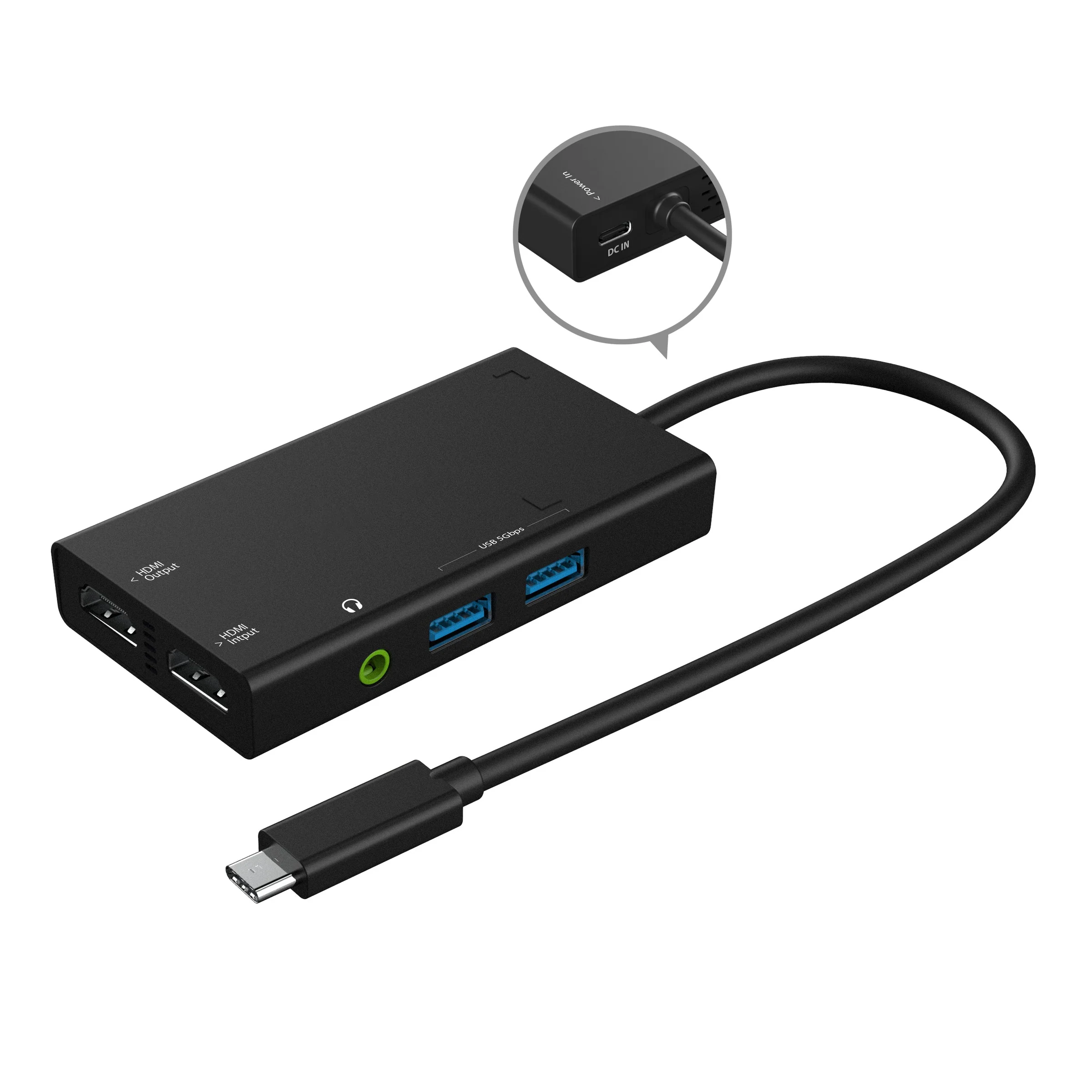 Fekete USB-C hub HDMI és USB portokkal, valamint egy tápbemenettel. Egy kábel USB-C csatlakozóhoz fut.