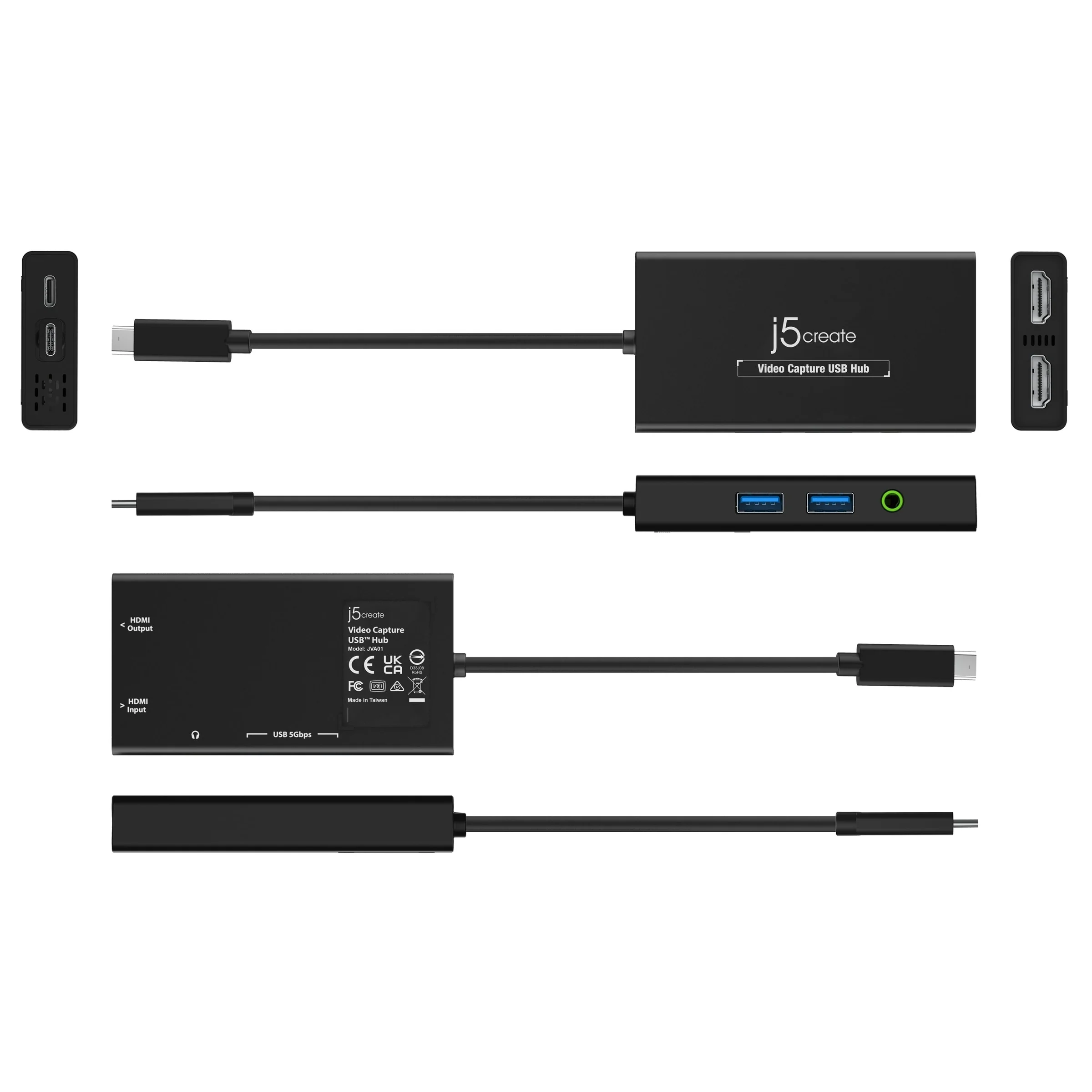 Fekete video capture USB hub, kábelekkel, portokkal és a j5create márkával. Különböző nézetek láthatók.