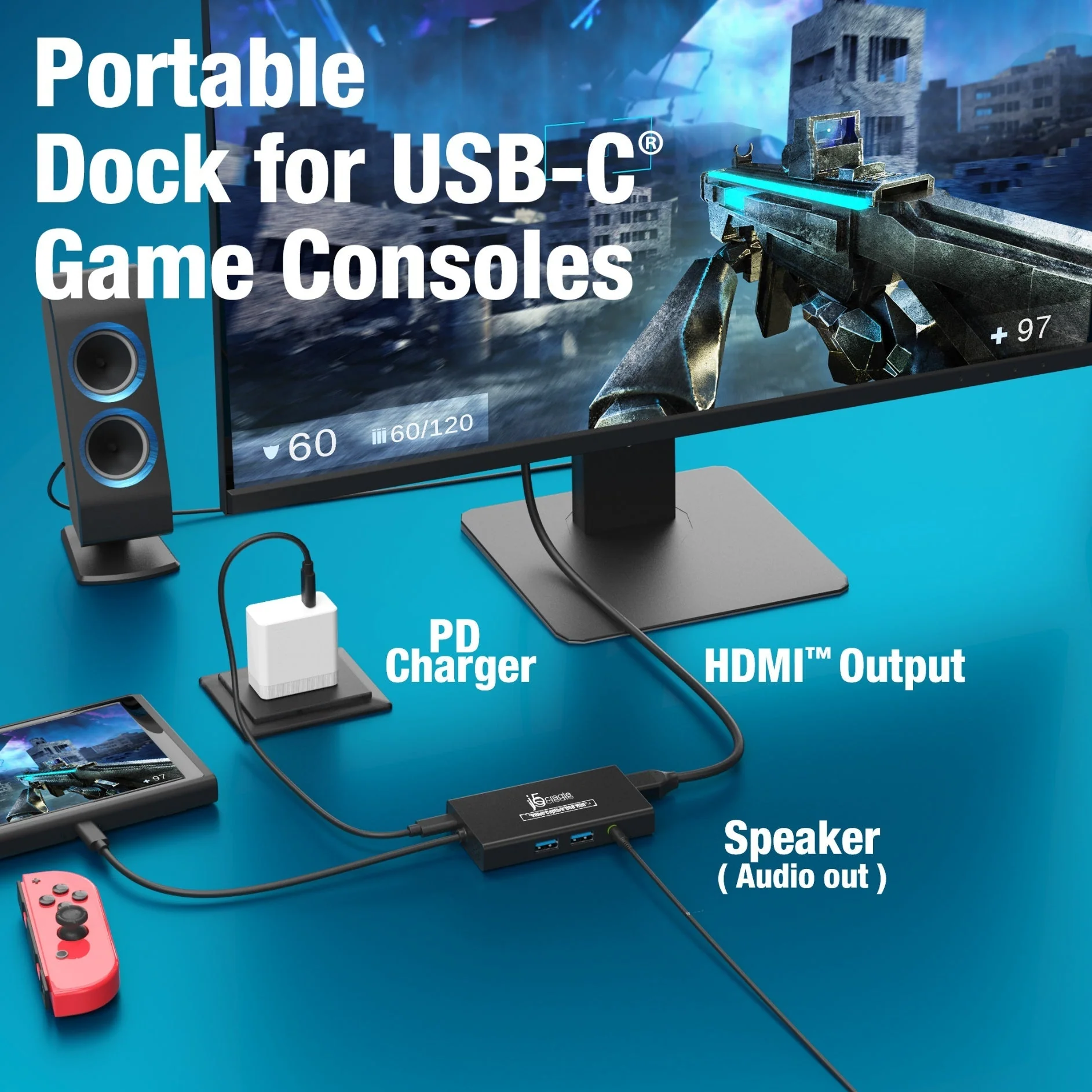 Hordozható dokkoló USB-C-s játékkonzolokhoz. Tartalmaz monitort, hangszórókat, töltőt és egy piros vezérlőt.