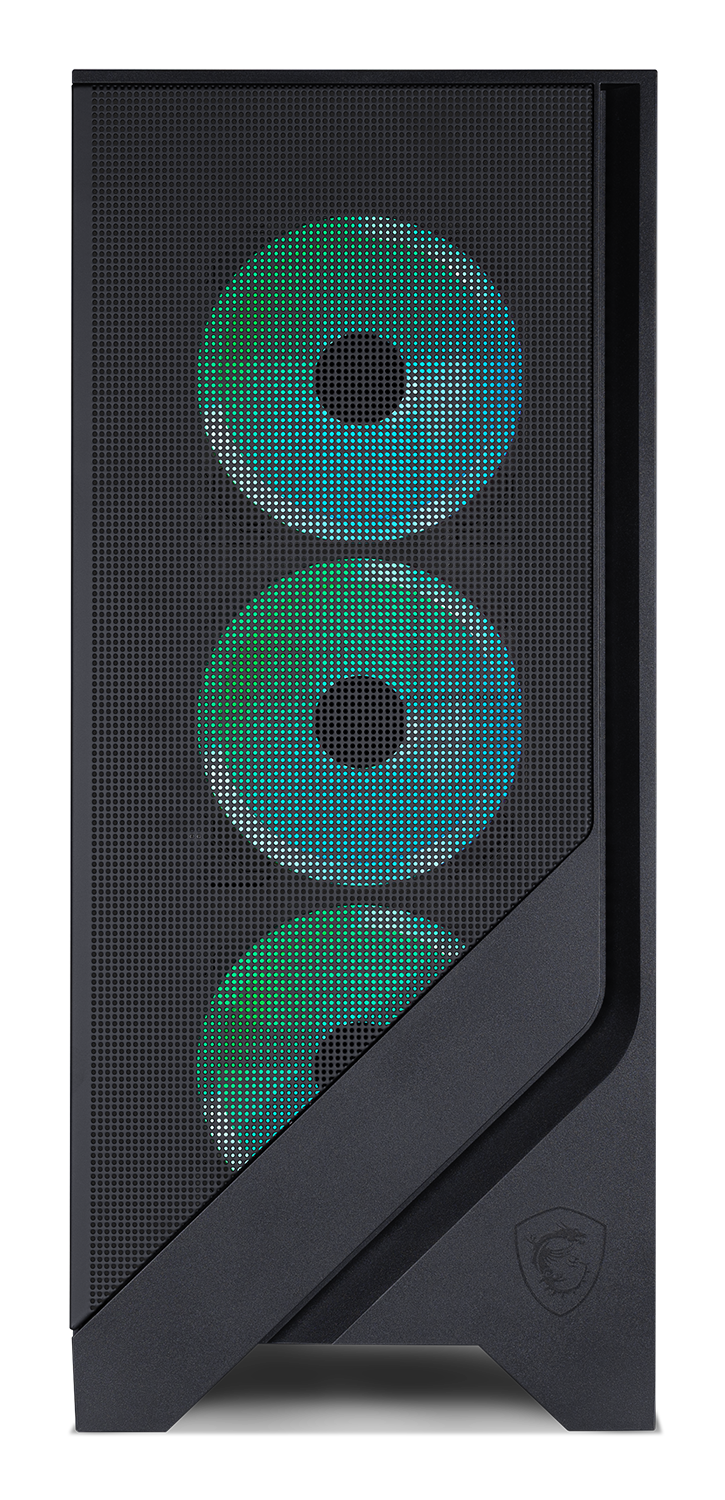 Schwarzes Computergehäuse mit drei beleuchteten Lüftern, die blaue und grüne Farbverläufe anzeigen. Das Gehäuse hat eine perforierte Frontplatte.