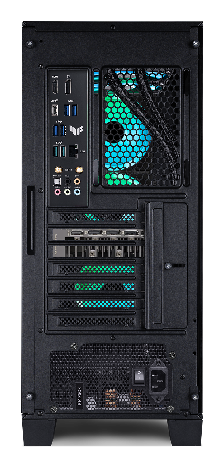 Schwarze PC-Gehäuse-Rückseite mit Anschlüssen, Lüfter und Komponenten. Grüne und blaue Lichter im Inneren.