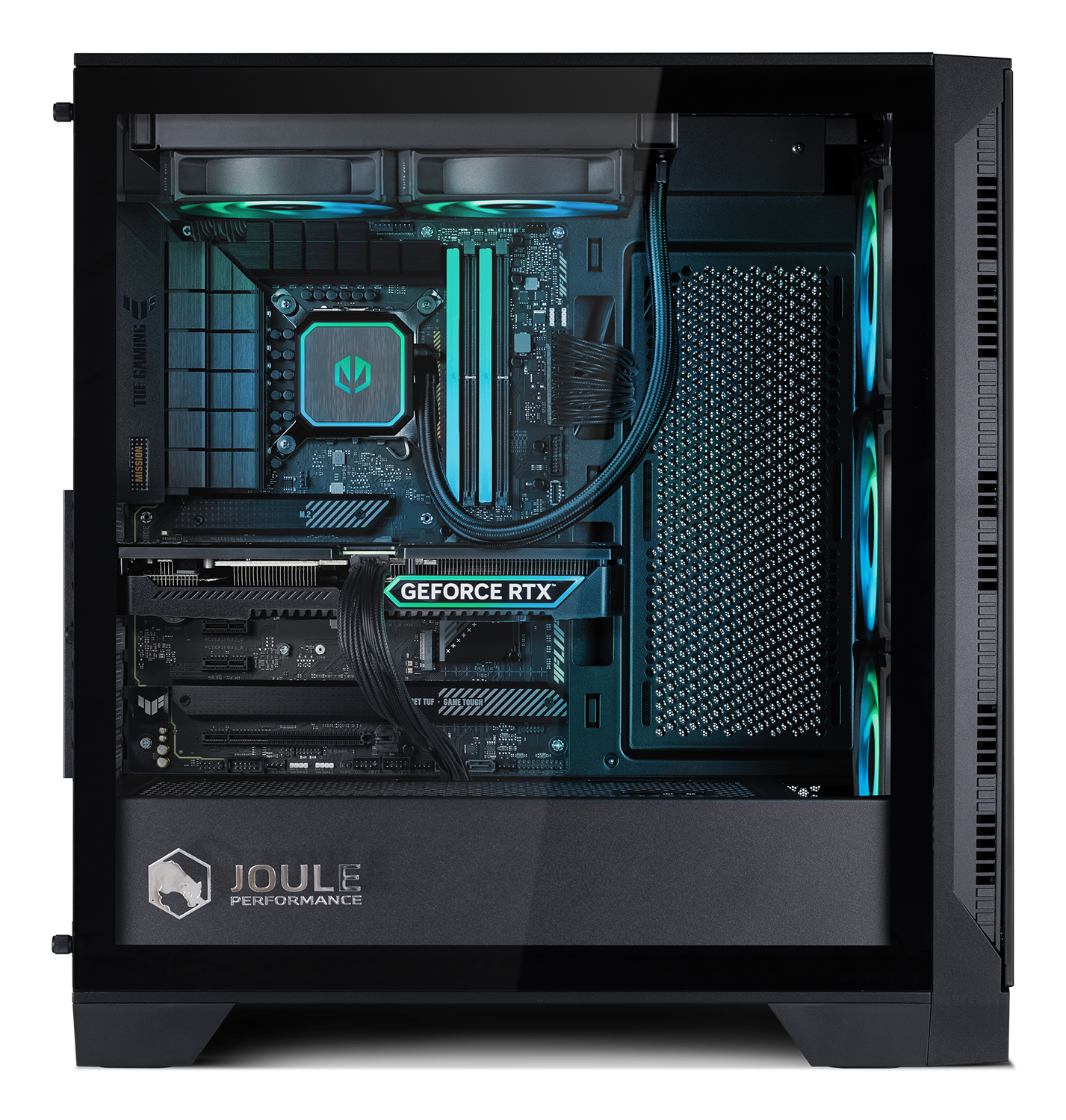 In einem schwarzen Computergehäuse, das die Komponenten wie Grafikkarte, Motherboard, CPU-Kühler und Lüfter mit RGB-Beleuchtung zeigt.