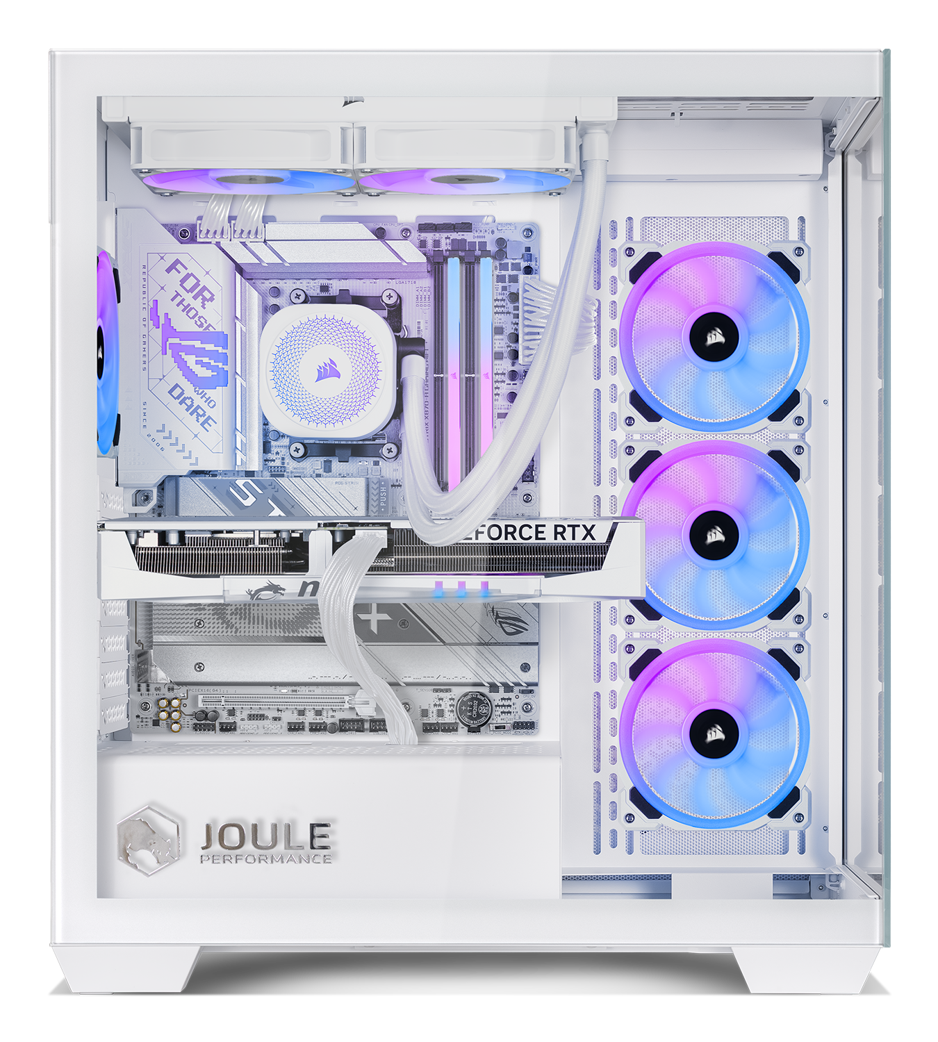 Weißes PC-Gehäuse mit Komponenten. Enthält eine Grafikkarte, Lüfter mit RGB-Beleuchtung und einen CPU-Kühler. Texte sind 'ROG' und 'Joule'.