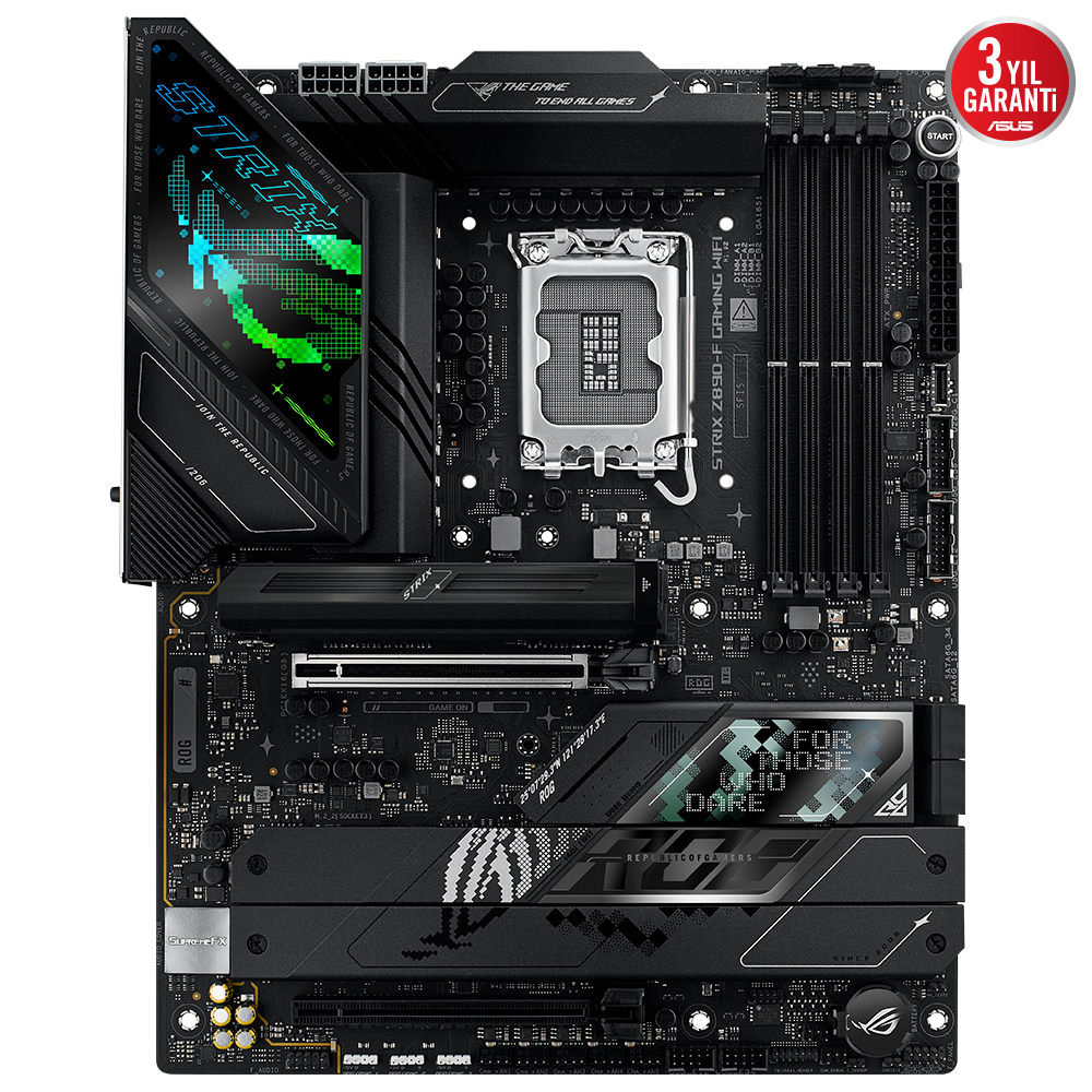 ROG markası, STRIX ve ASUS logosu içeren siyah anakart. Portlar, yuvalar ve bir CPU soketi içerir. 3 yıl garanti içerir.