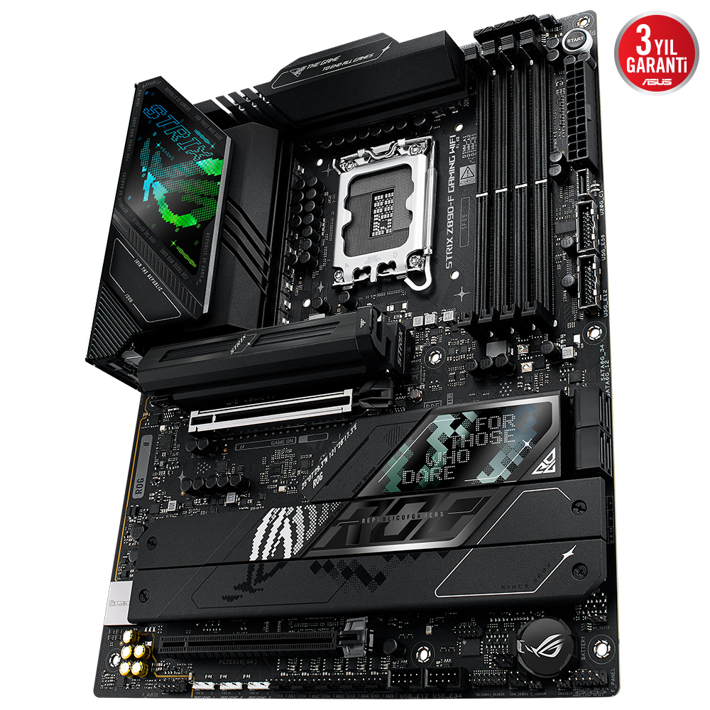 Siyah ASUS ROG Strix Z690-F Gaming WiFi anakart. Bileşenler, bağlantı noktaları ve 'FOR THOSE WHO DARE', 'REPUBLIC OF GAMERS' metni var.