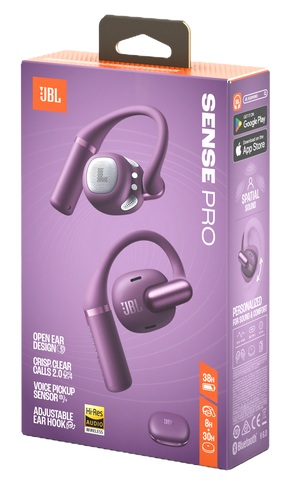 Pudełko z fioletowymi słuchawkami JBL Sense Pro. Cechy obejmują konstrukcję otwartą na ucho, dźwięk Hi-Res i regulowany haczyk.