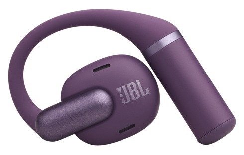 Fioletowe słuchawki JBL. Słuchawka ma pętlę i cylindryczną część. Widoczne jest logo JBL.