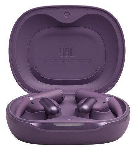 Otwarty fioletowy futerał na słuchawki JBL z dwoma słuchawkami w środku. Etui jest owalne, a słuchawki również fioletowe.