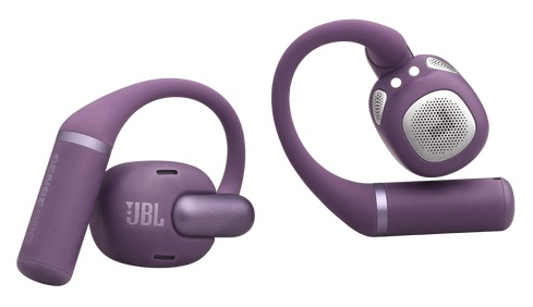 Dwa fioletowe słuchawki JBL. Jeden pokazuje logo marki, drugi głośnik i przyciski sterowania.