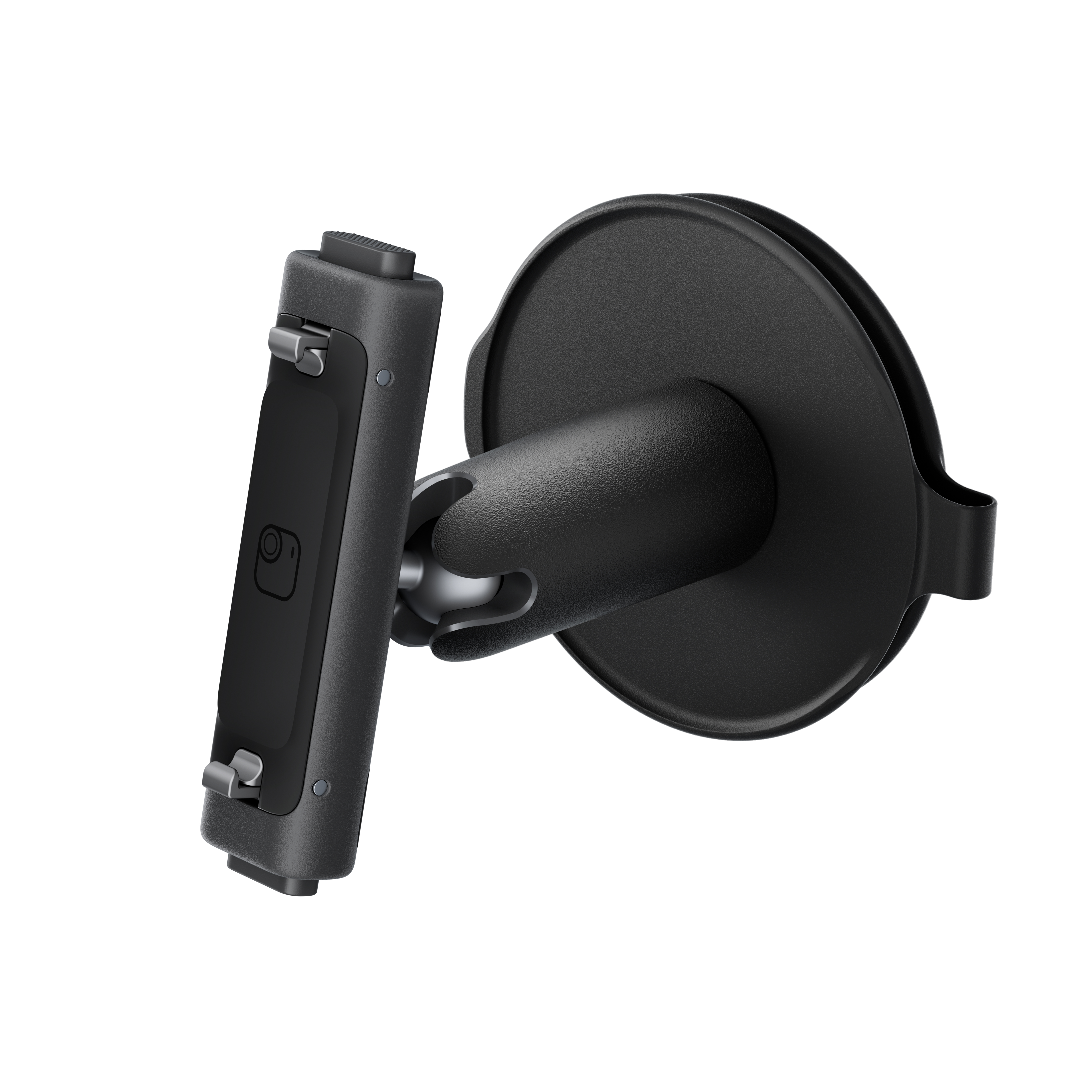 Eine schwarze Telefonhalterung. Sie hat eine Telefonklemme, ein Kugelgelenk und eine kreisförmige Basis. Der Hintergrund ist weiß.