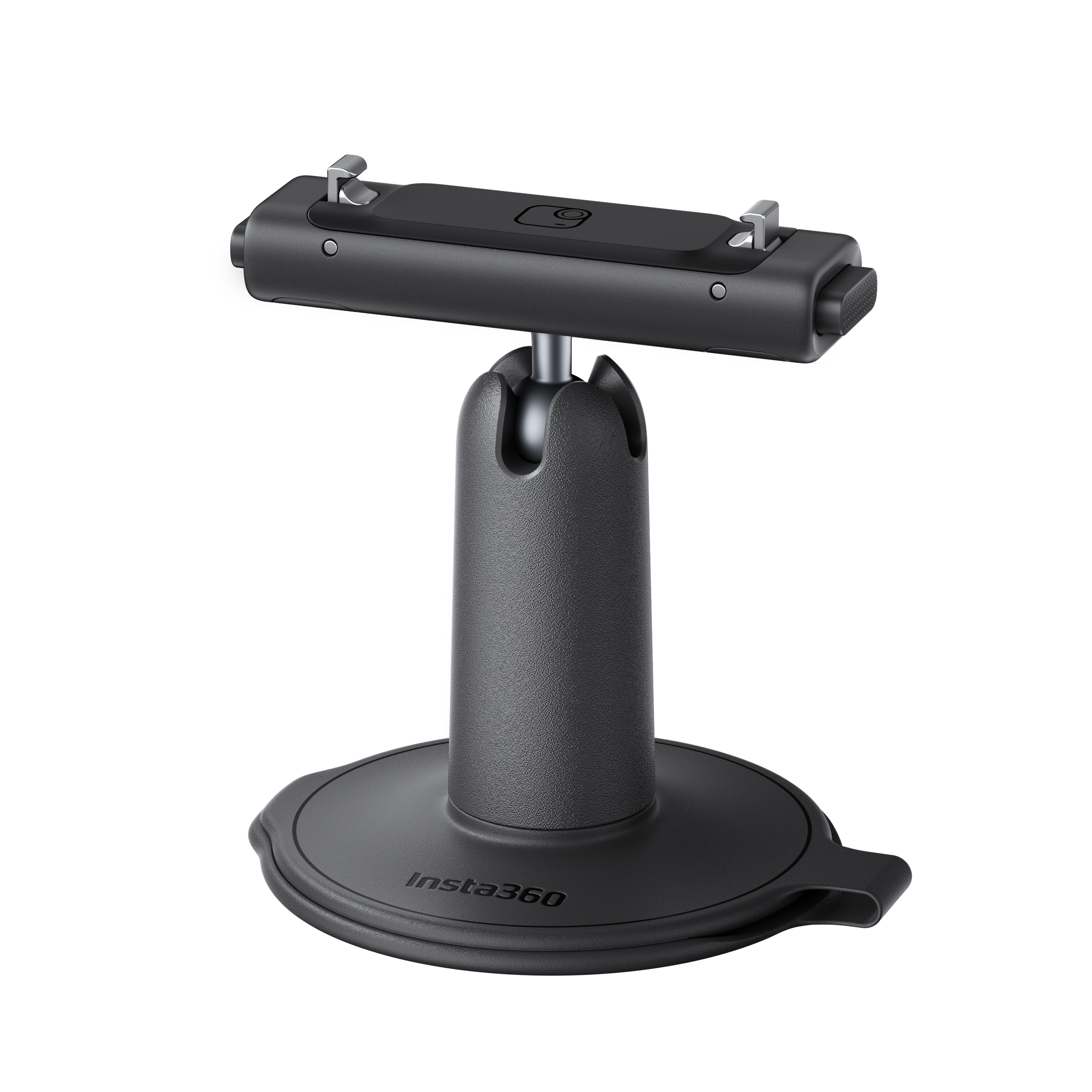 Schwarze Insta360-Kamerahalterung. Sie hat eine Basis, einen Stiel und ein Oberteil mit zwei silbernen Clips.