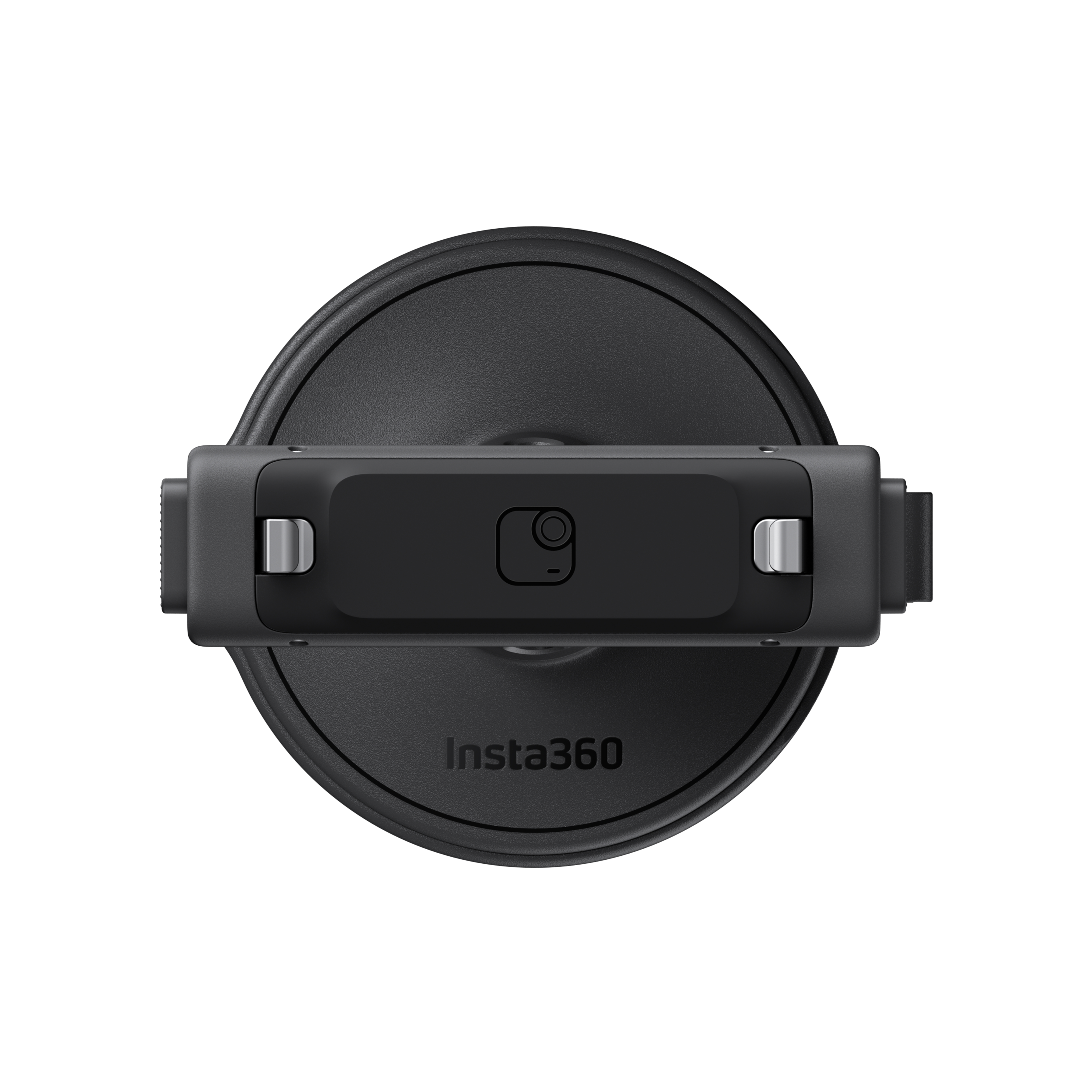 Draufsicht auf ein schwarzes Insta360-Kamera-Zubehör. Es ist eine kreisförmige Basis mit einem rechteckigen Mittelteil.
