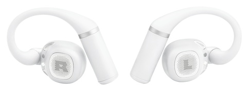 Dwa białe bezprzewodowe słuchawki sportowe z haczykowym designem, na białym tle. Każdy ma głośnik i haczyk na ucho.