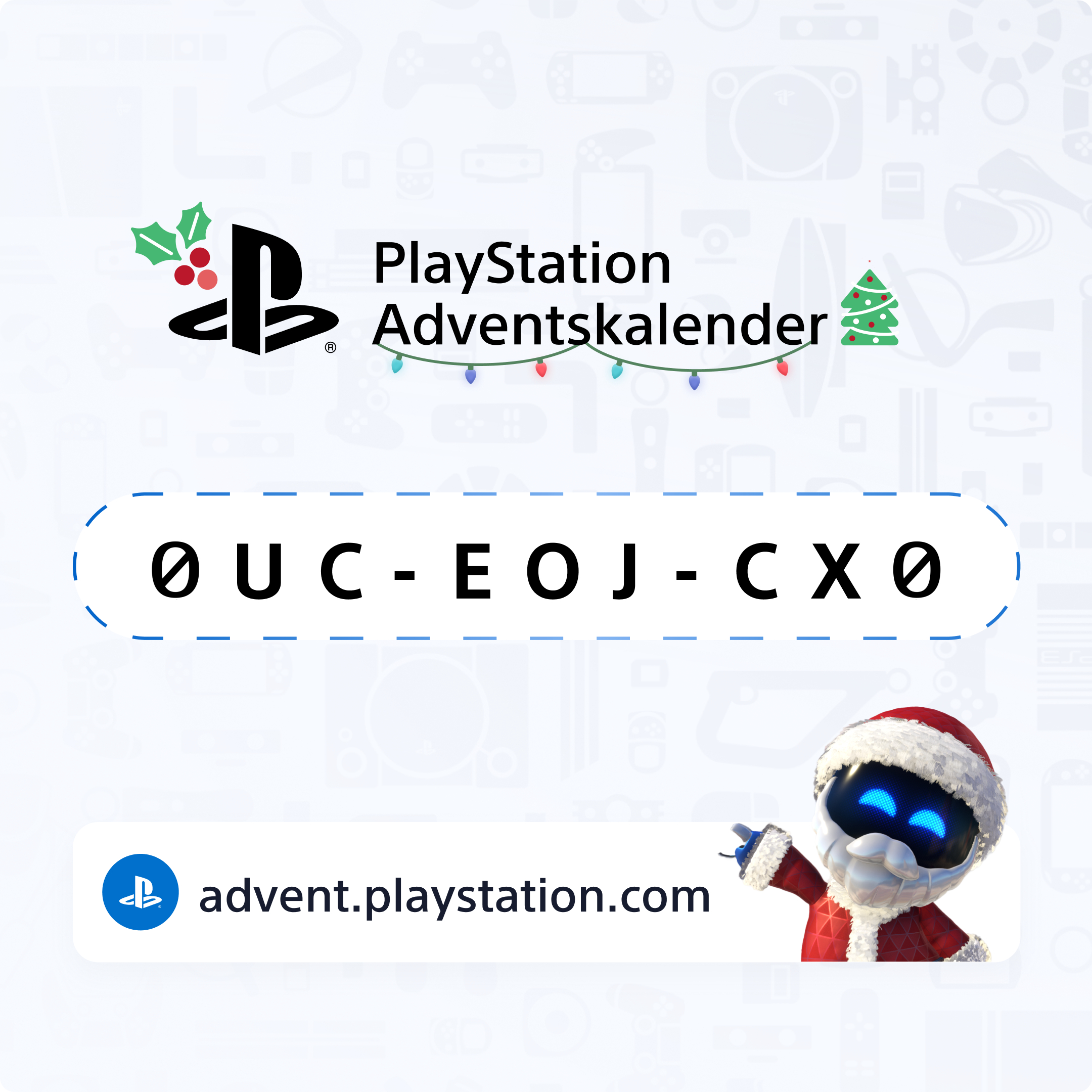 PlayStation Adventskalender Grafik mit Logo, Code und Astro Bot im Weihnachtsmann-Anzug.