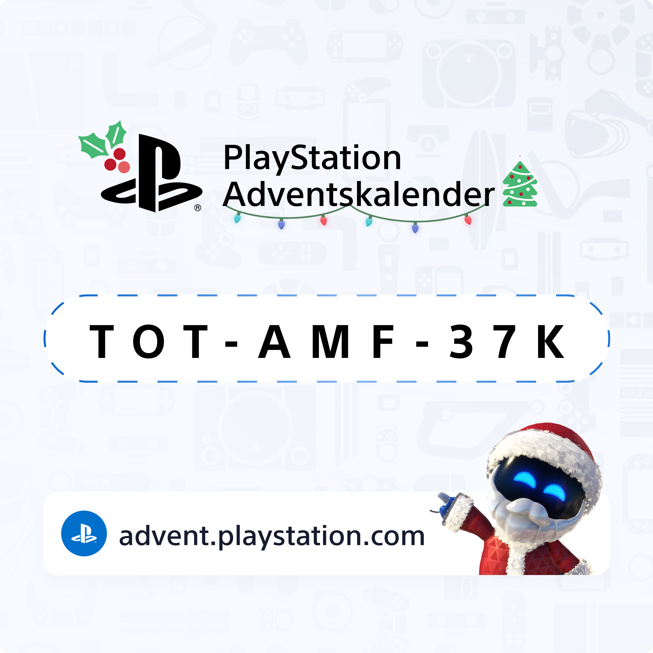 PlayStation Adventskalender-Werbung. Enthält ein Logo, einen Code, einen Santa-Roboter und eine Website.