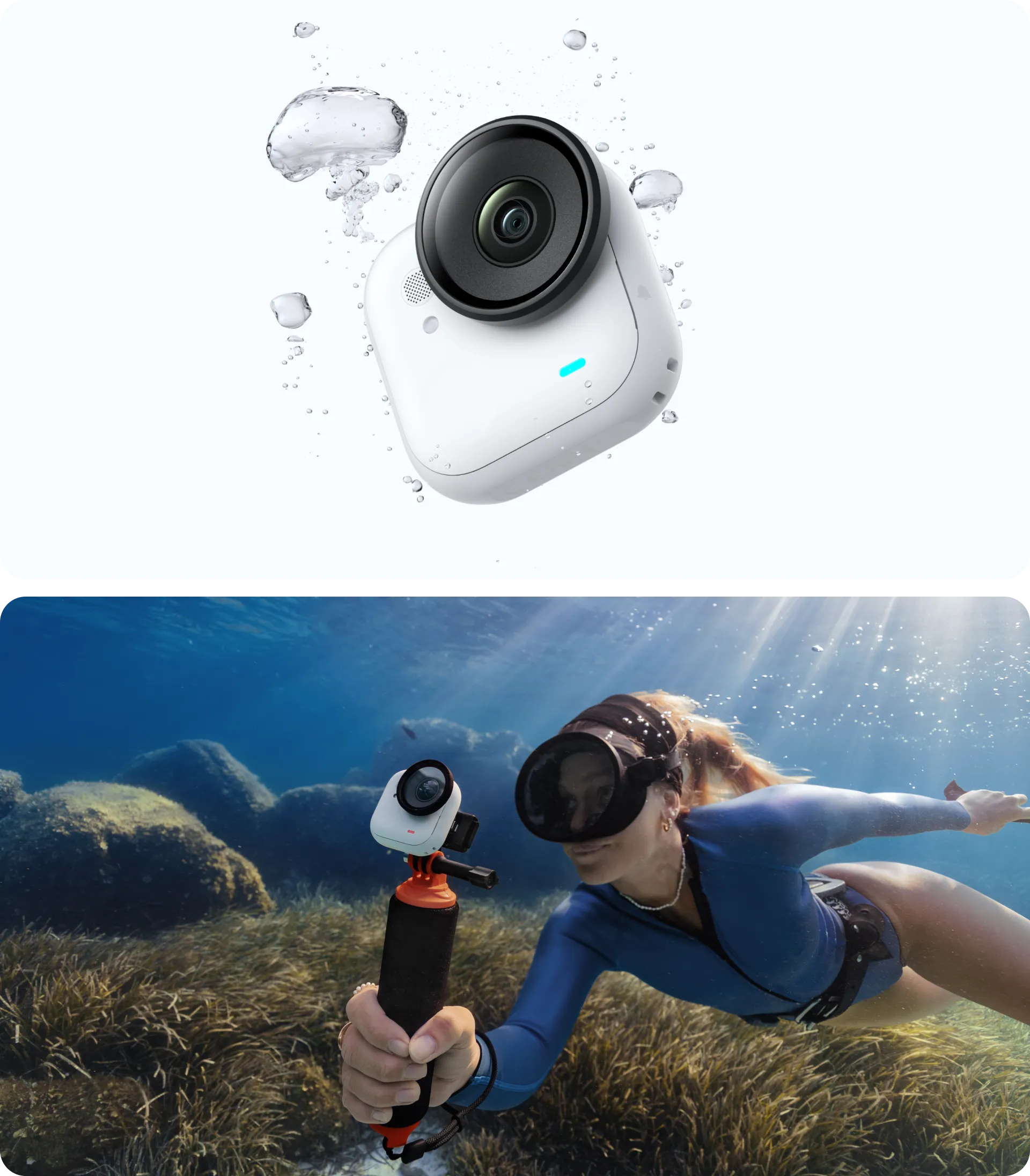 Eine weiße Kamera mit schwarzem Objektiv schwebt im Wasser. Im zweiten Bild schwimmt eine Frau mit der Kamera unter Wasser.