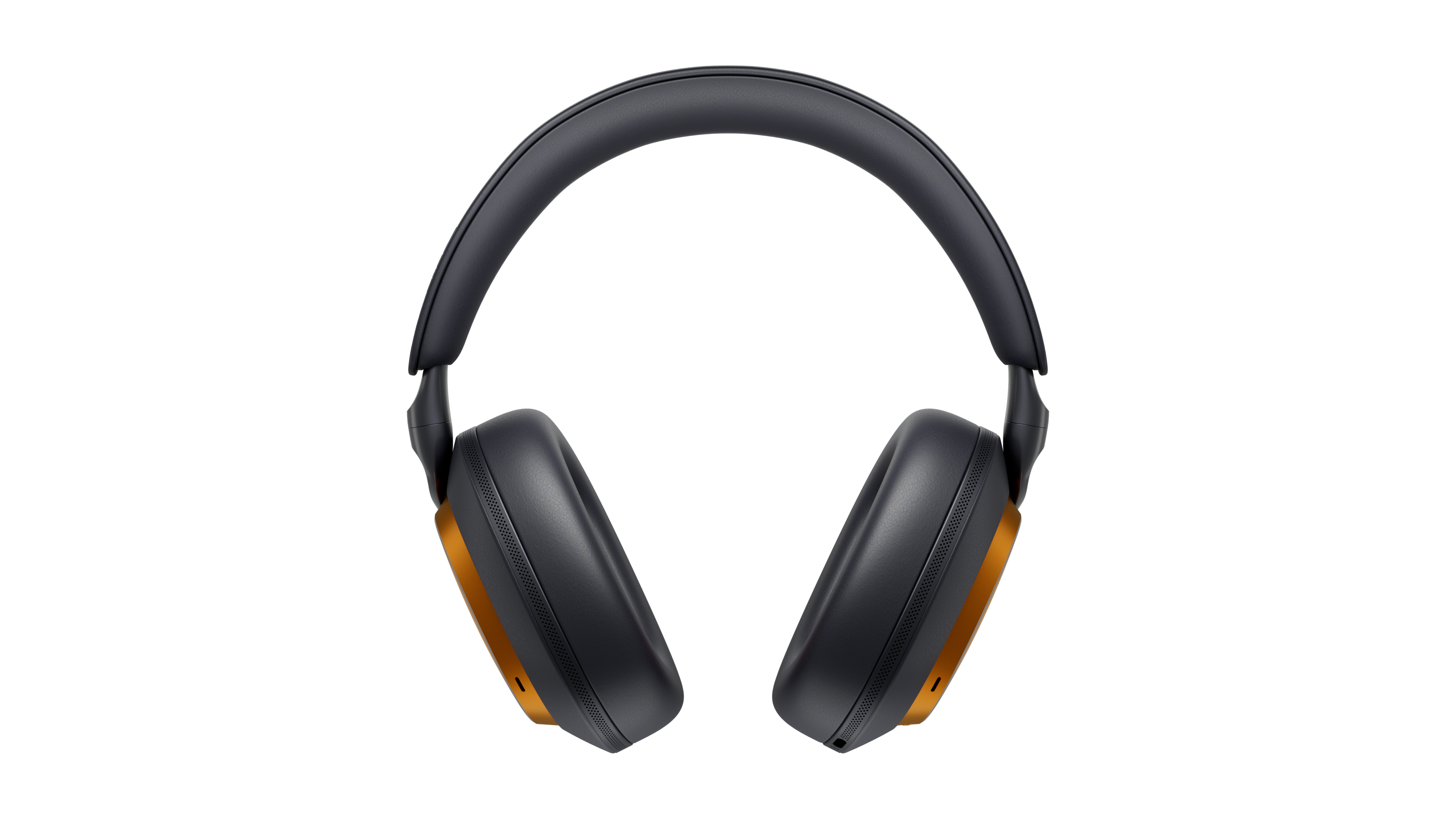 Over-Ear-Kopfhörer auf weißem Hintergrund. Schwarze Ohrmuscheln mit goldenen Akzenten und ein schwarzes Kopfband.