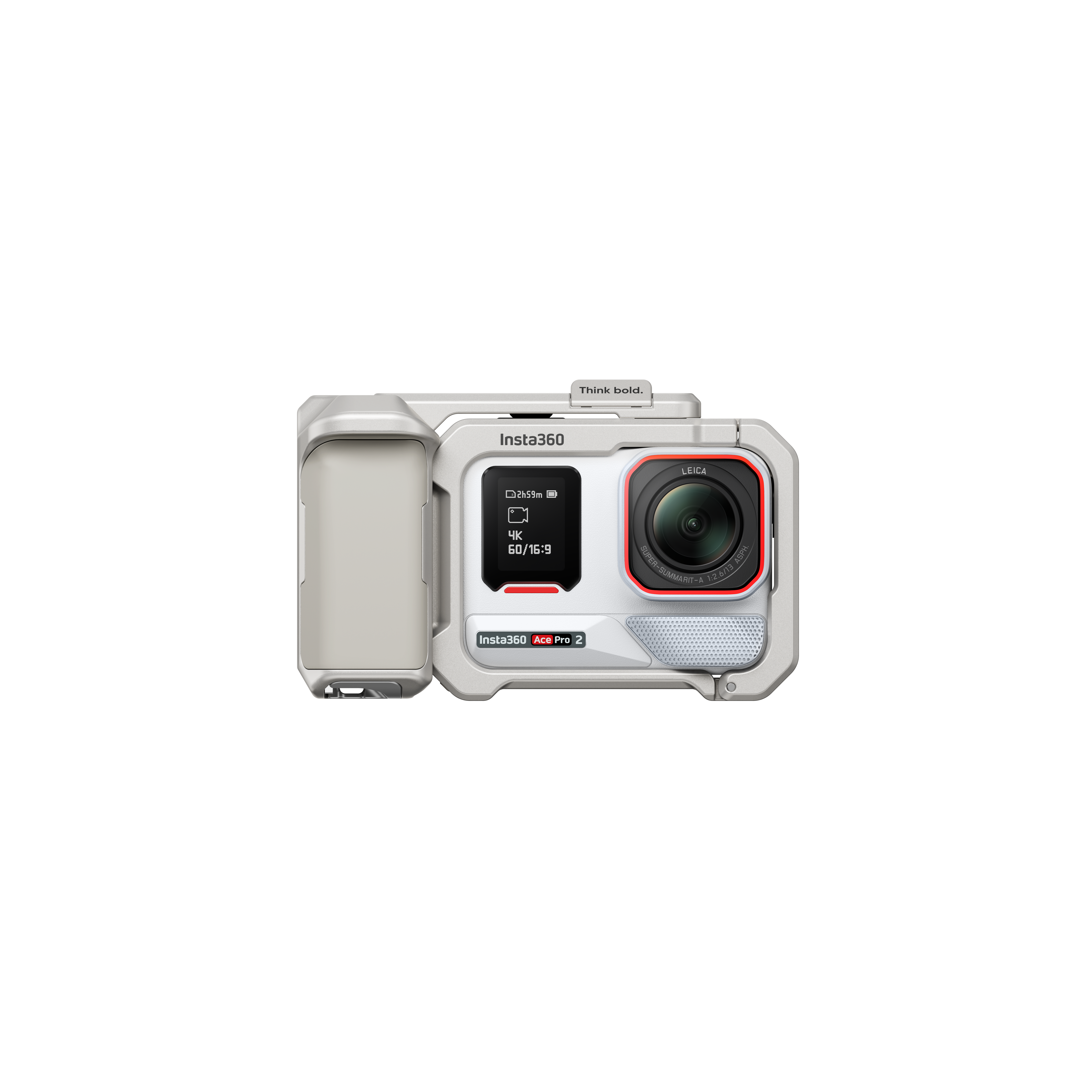 Insta360 Ace Pro 2 Kamera. Silber und schwarz. Leica-Objektiv. 4K, 60/16:9-Anzeige. Schwarzer Hintergrund.