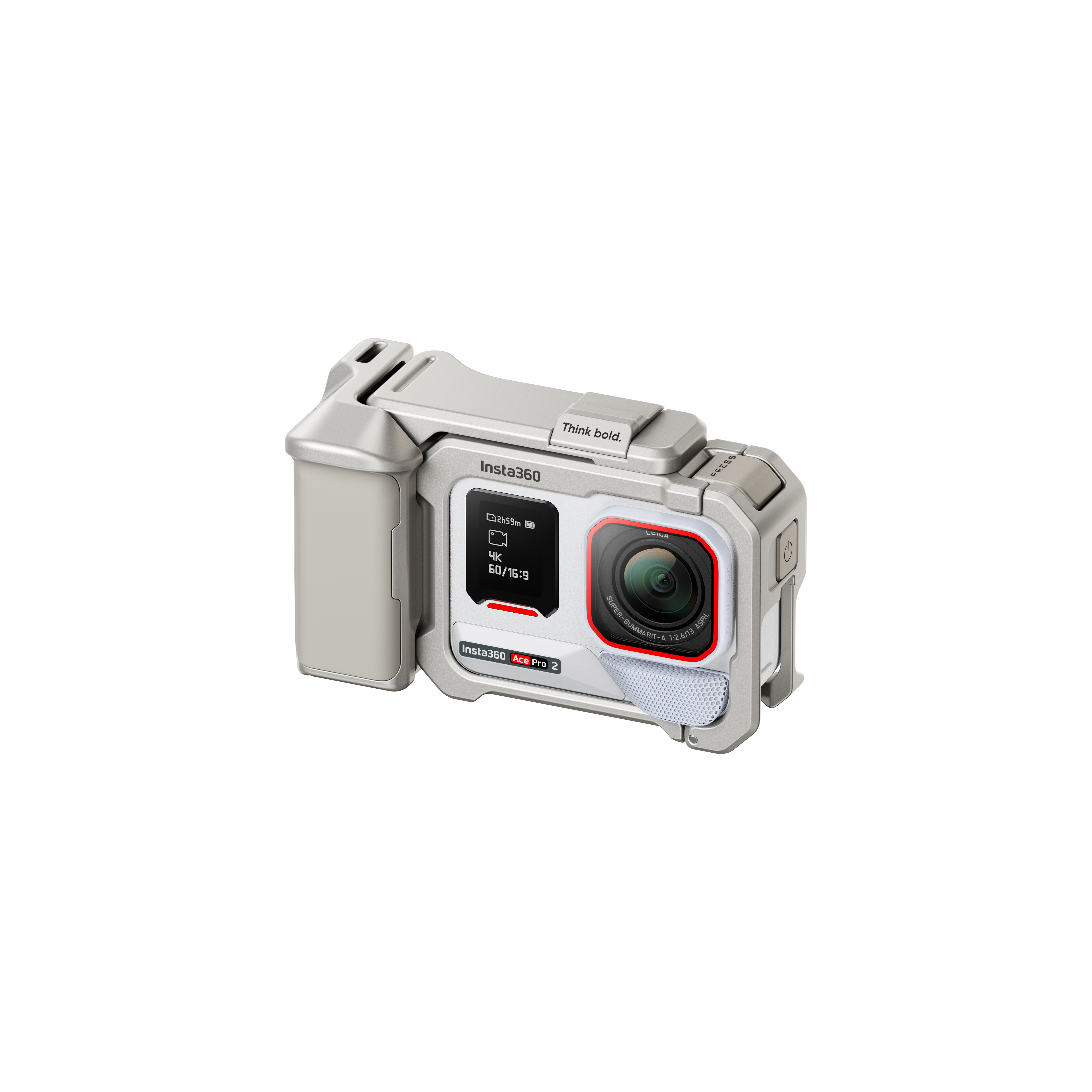 Eine silberne Insta360 Ace Pro 2 Kamera. Sie hat einen Bildschirm und ein Objektiv. Der Hintergrund ist schwarz.