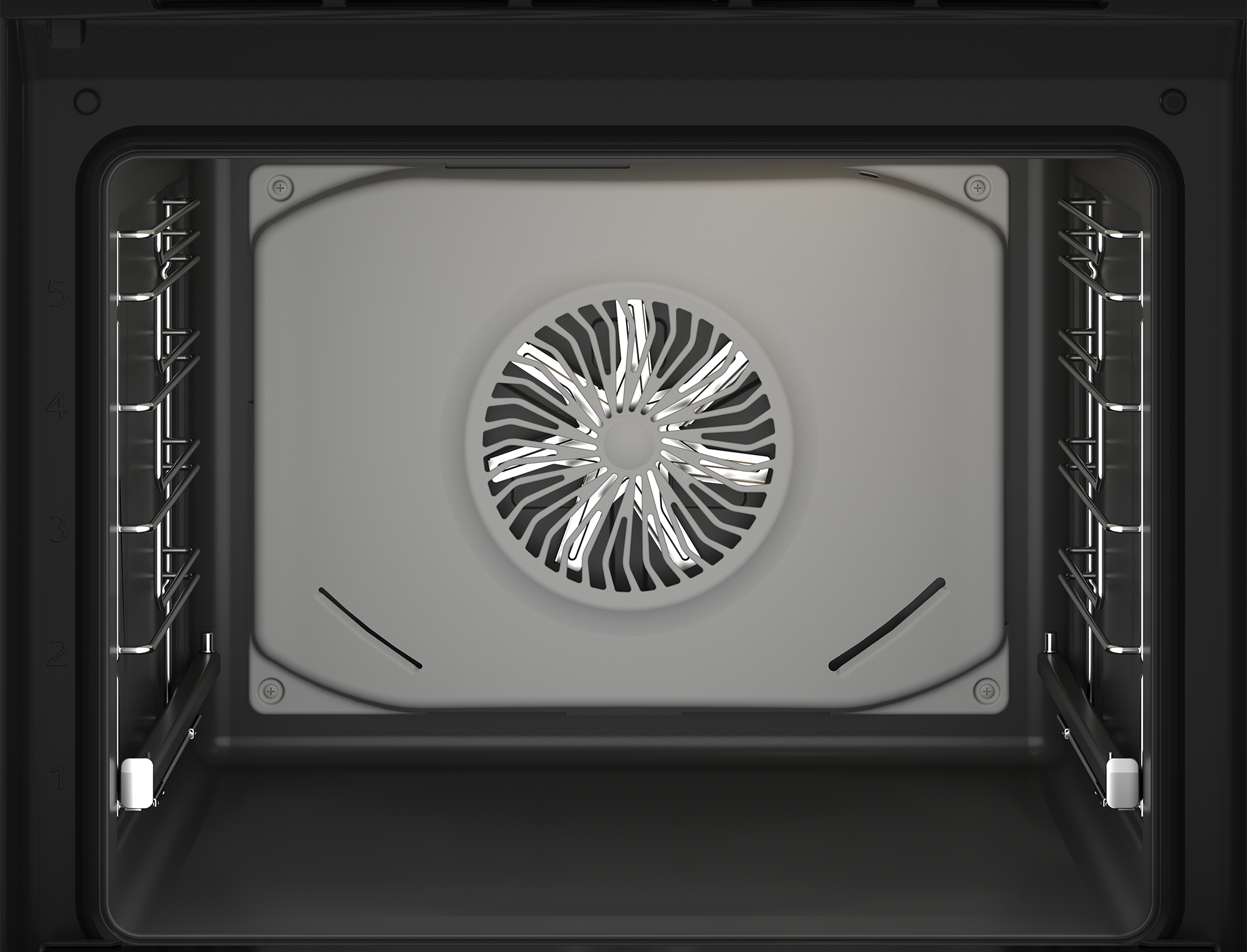 Widok wewnątrz piekarnika. Ma wentylator pośrodku, ruszty po bokach i jasne wnętrze. Drzwi są otwarte.