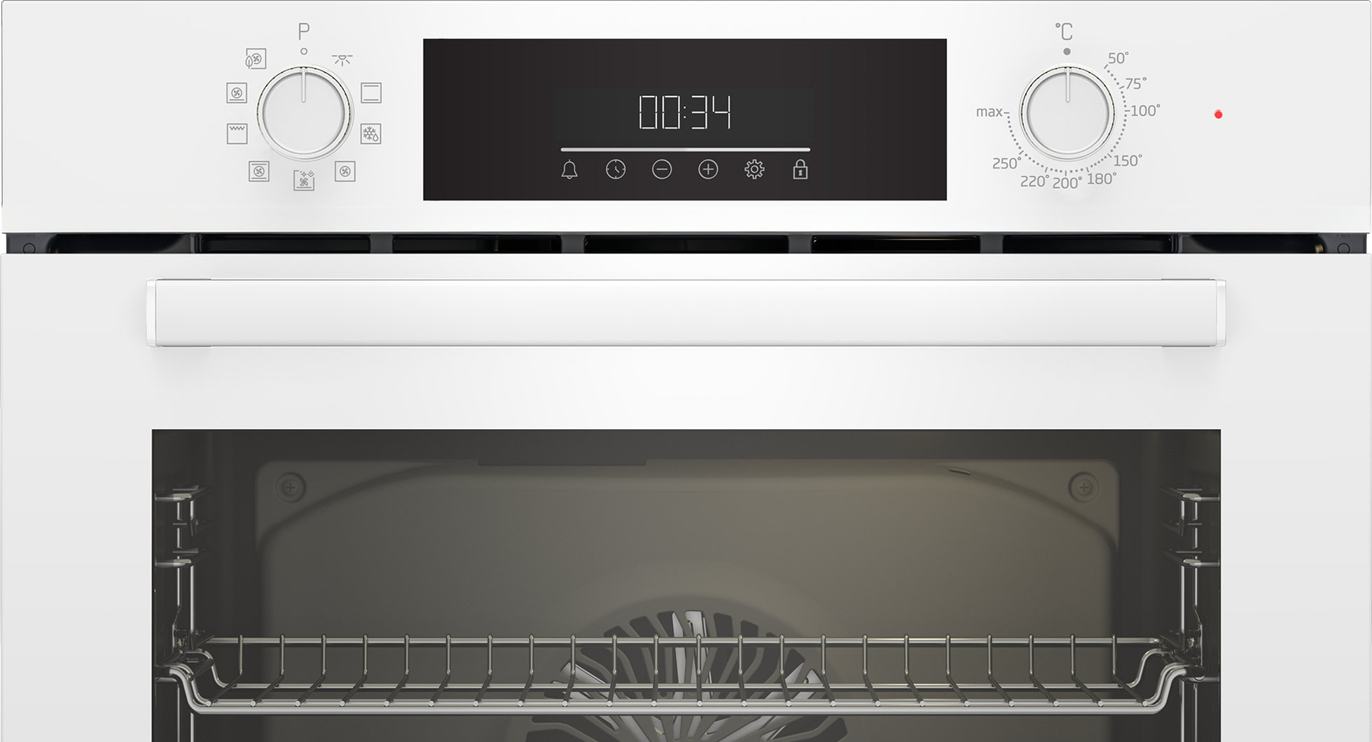 Biały piekarnik z cyfrowym wyświetlaczem 00:34. Posiada pokrętła, uchwyt i otwartą komorę piekarnika z rusztem.