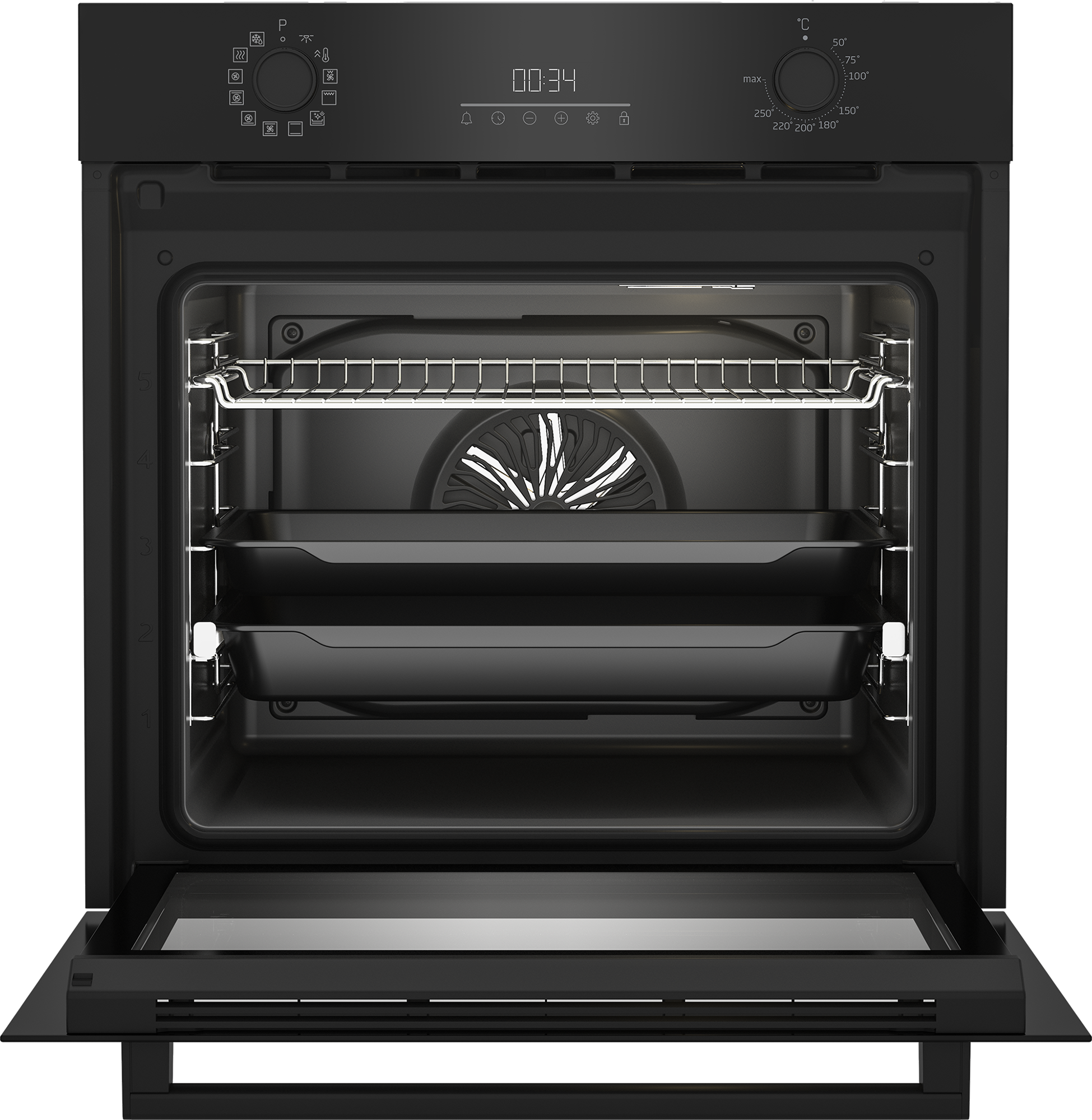 Czarny piekarnik z otwartymi drzwiami, pokazujący tace i wentylator. Widoczne są elementy sterujące. Tłem jest roleta.