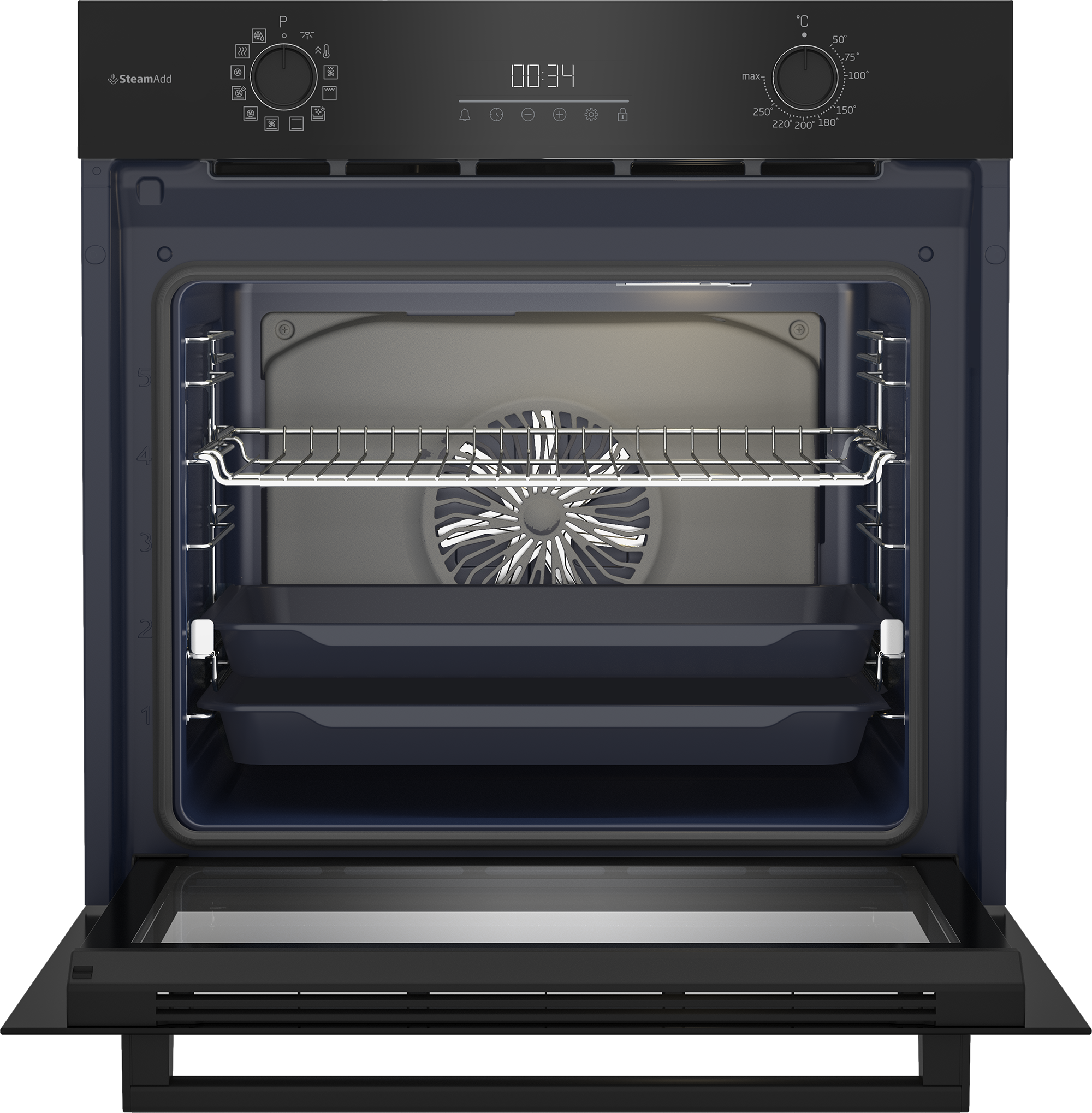 Otwarty piekarnik z rusztami, wentylatorem i panelem sterowania z timerem i ustawieniami temperatury. Szklane drzwi otwarte.