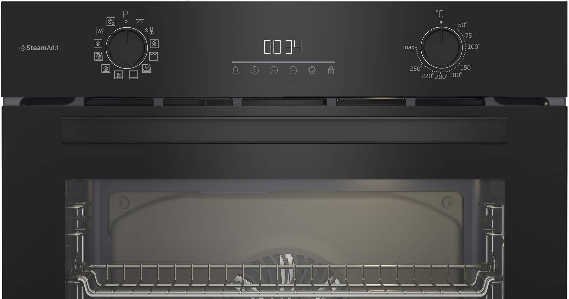 Czarny piekarnik z elementami sterującymi, wyświetlaczem 00:34 i otwartym wnętrzem z rusztami. Widoczne pokrętła i pokrętło temperatury.