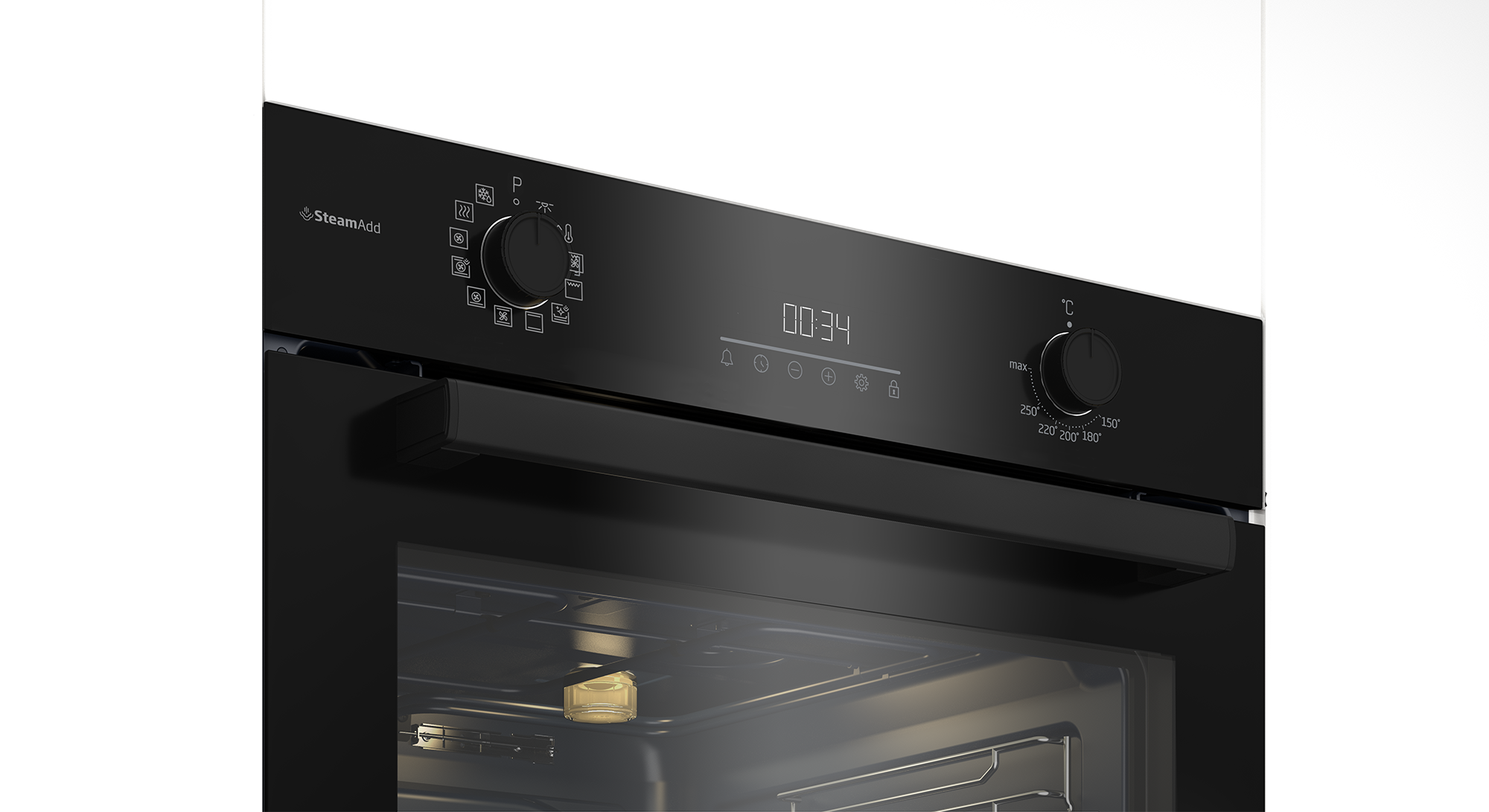 Czarny panel sterowania piekarnika z pokrętłami, wyświetlacz cyfrowy 00:34 i pokrętło temperatury. Drzwi piekarnika widoczne poniżej.