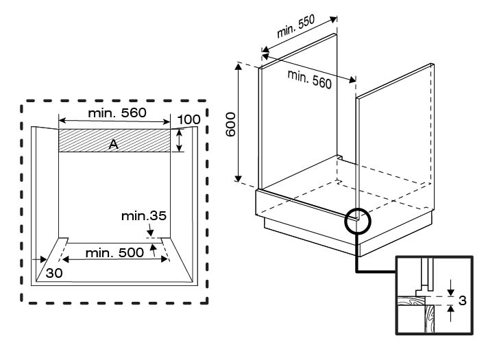 Rysunek techniczny z wymiarami. Pokazuje szafkę z wymiarami: min. 560, 100, min. 35, min. 500, 600, min. 550, min. 560 i 3.