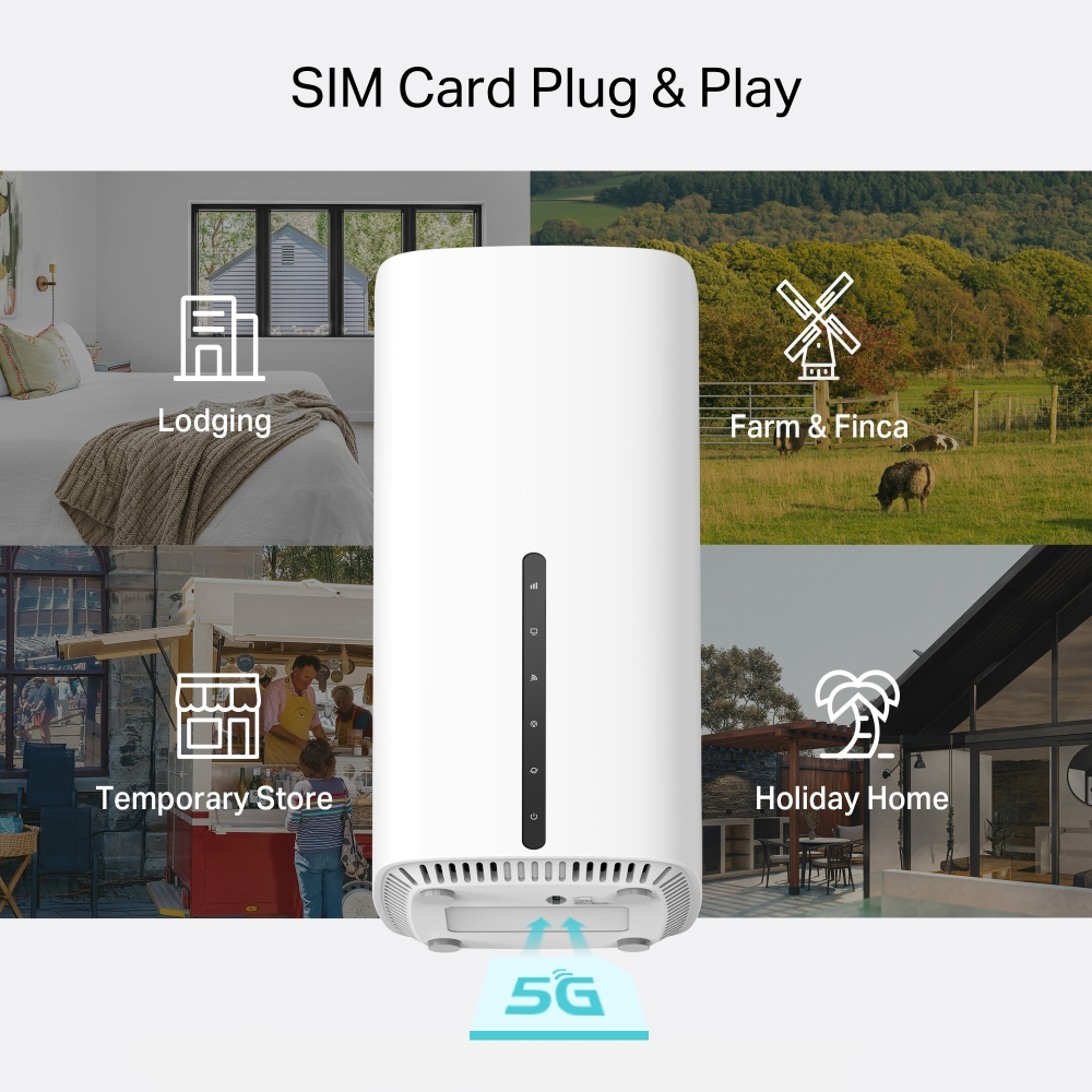A központi elem egy fehér eszköz, rajta szállás, farm, ideiglenes üzlet és nyaraló ikonjaival. A képen egy 5G logó látható.