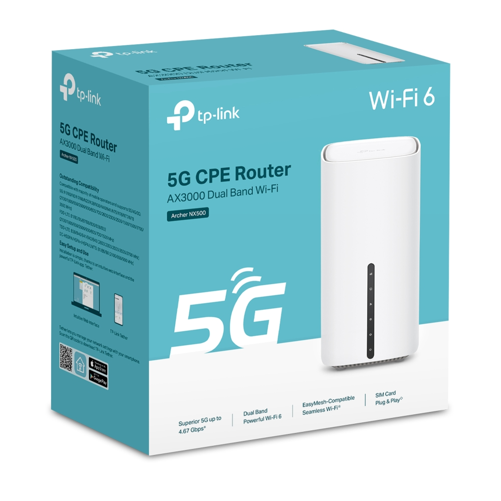 Fehér TP-Link 5G CPE Router doboz és termék. A szöveg tartalmazza a Wi-Fi 6, Archer NX500 és 5G CPE Router.