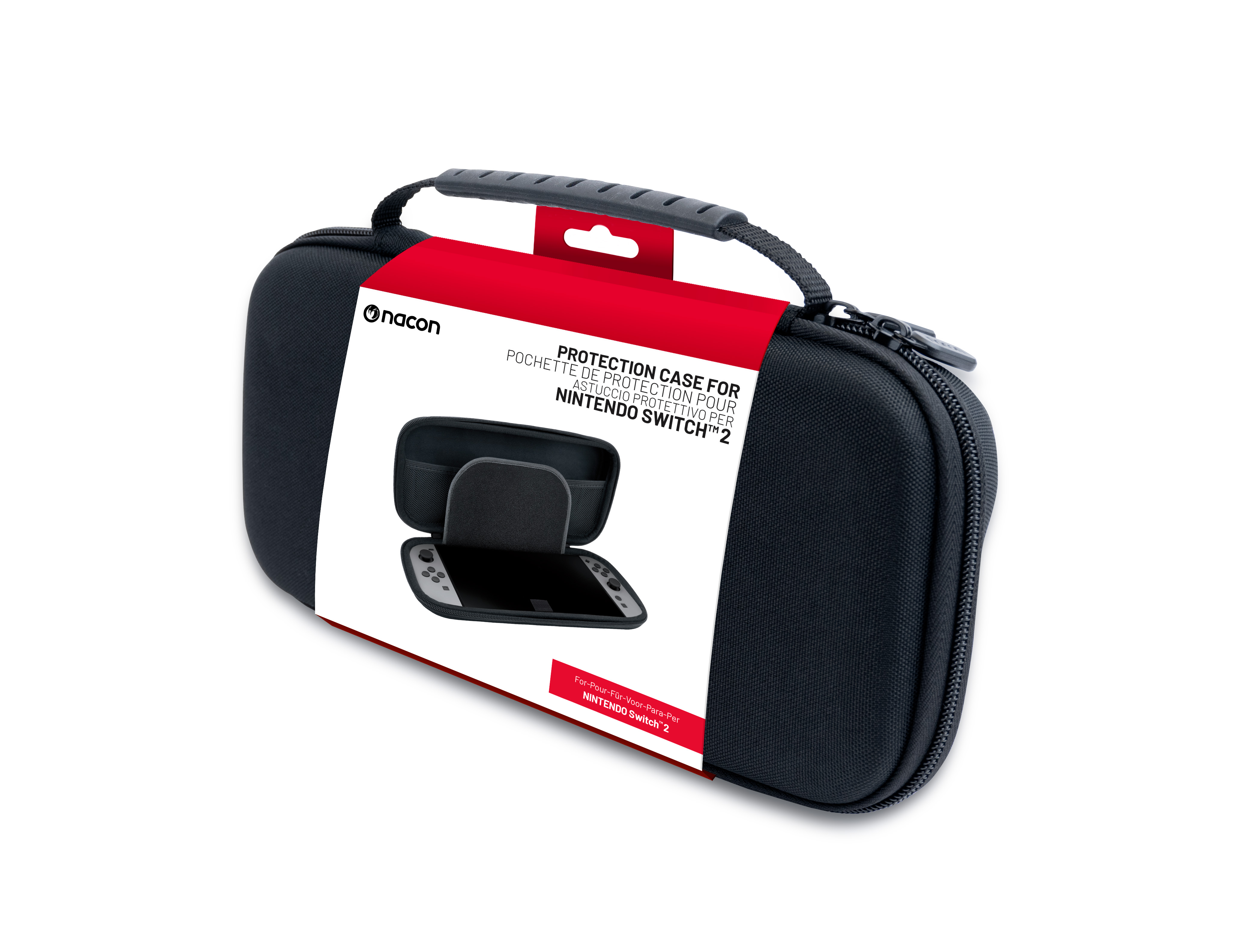 Czarny futerał na Nintendo Switch z uchwytem i zamkiem błyskawicznym. Etykieta z konsolą. Białe tło.