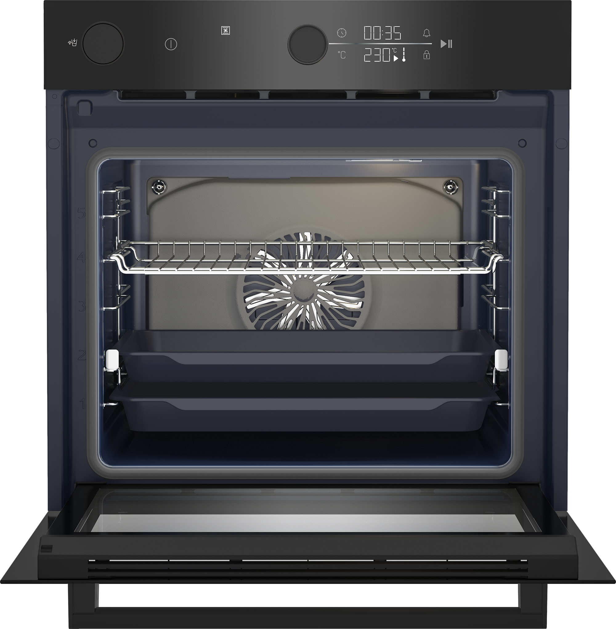Otwarty piekarnik, podświetlone wnętrze. Zawiera ruszty, wentylator i tace. Wyświetlacz cyfrowy pokazuje czas i temperaturę.