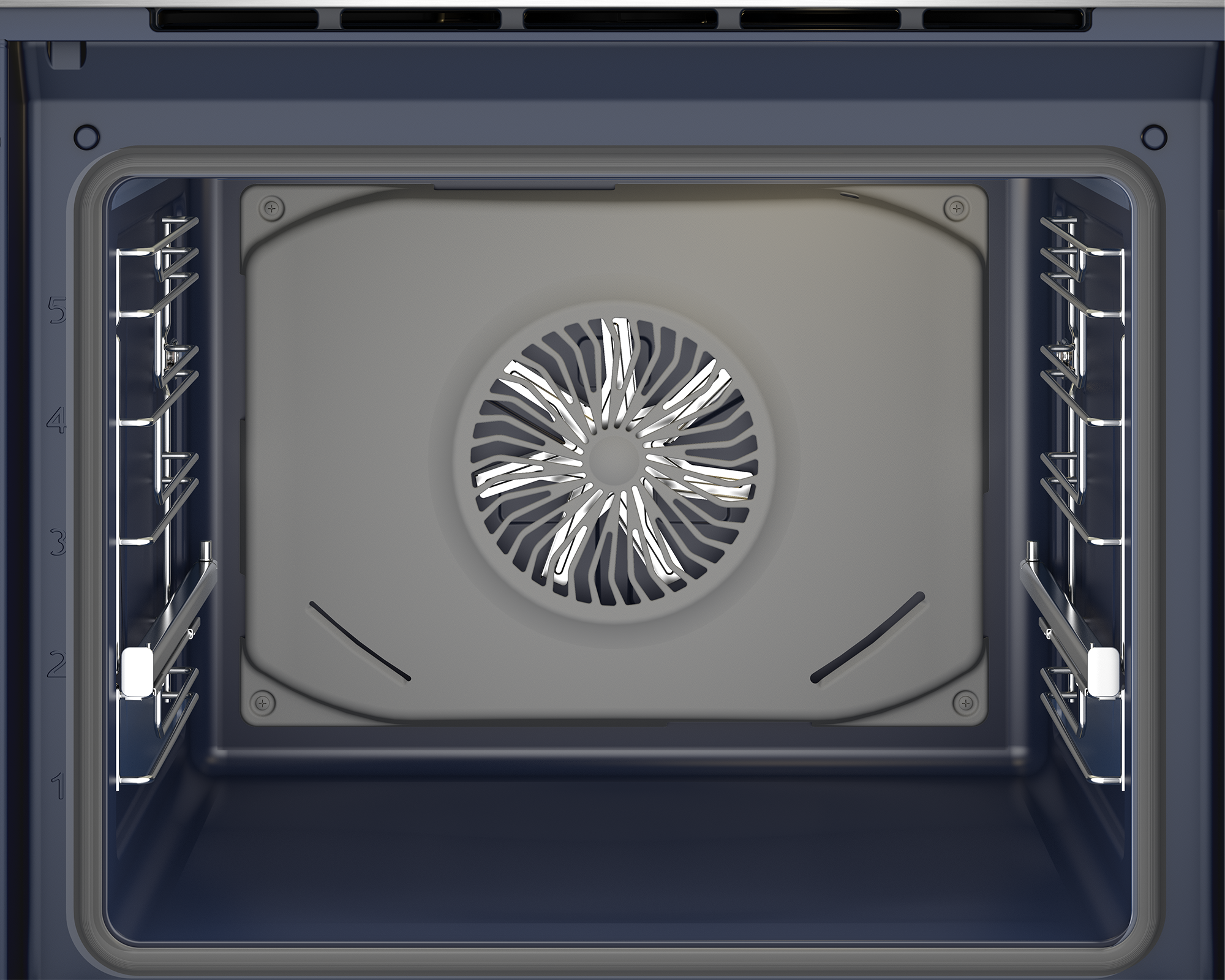 Widok wewnątrz piekarnika. Ma wentylator pośrodku i ciemnoniebieskie wnętrze. Widoczne prowadnice.