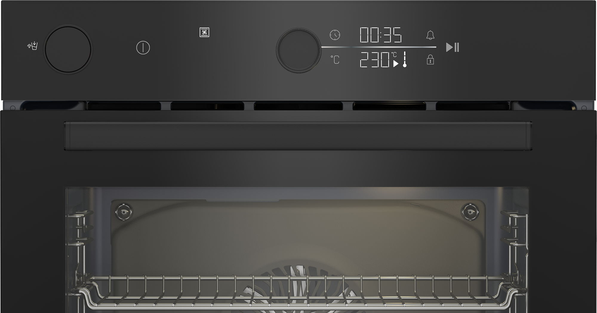 Czarny panel sterowania piekarnika z wyświetlaczem czasu i temperatury. Drzwi piekarnika otwarte, z rusztem.